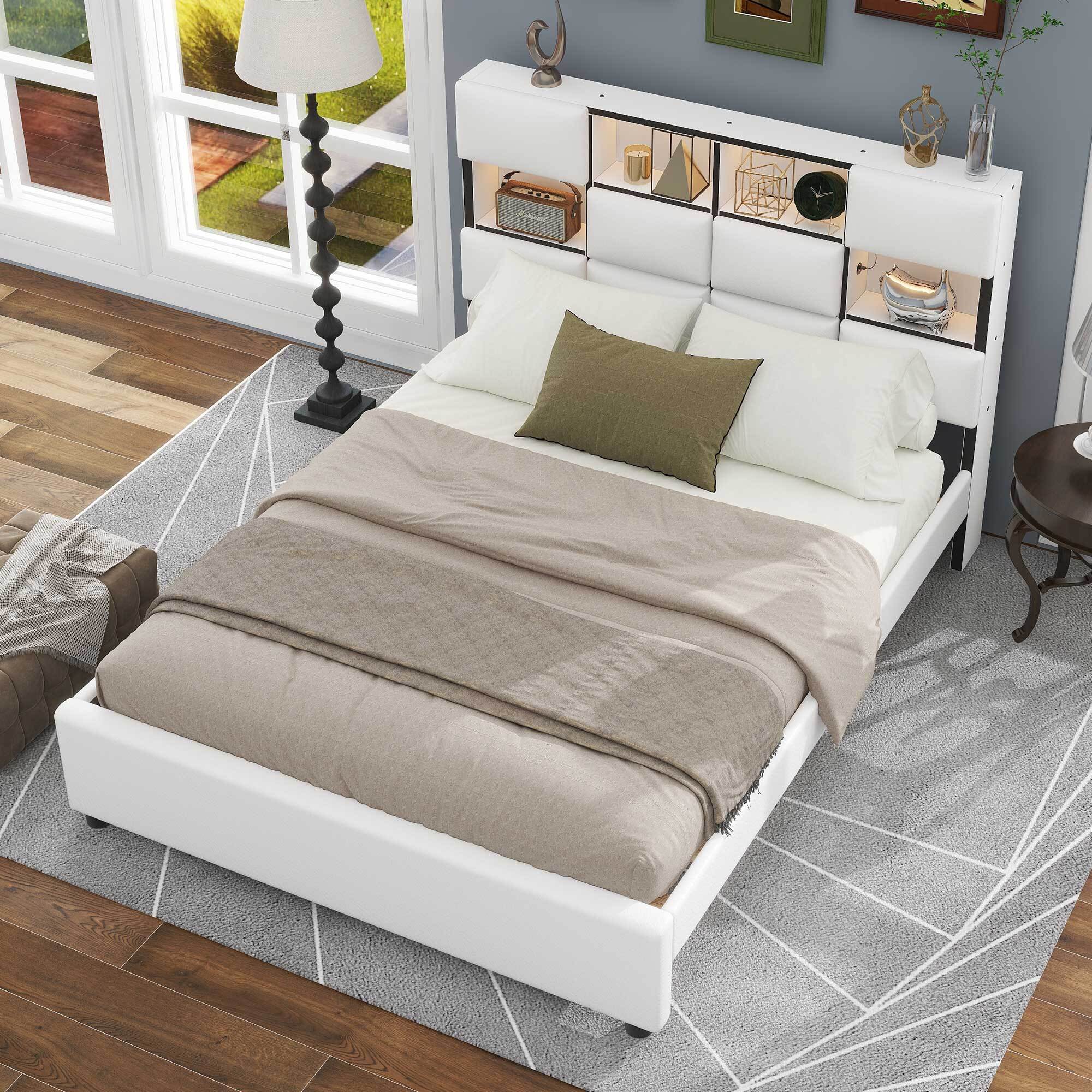 Euroco Upholstered Queen Size Platform Bed with Storage Headboard ad LED Light, USB Charging, Beige