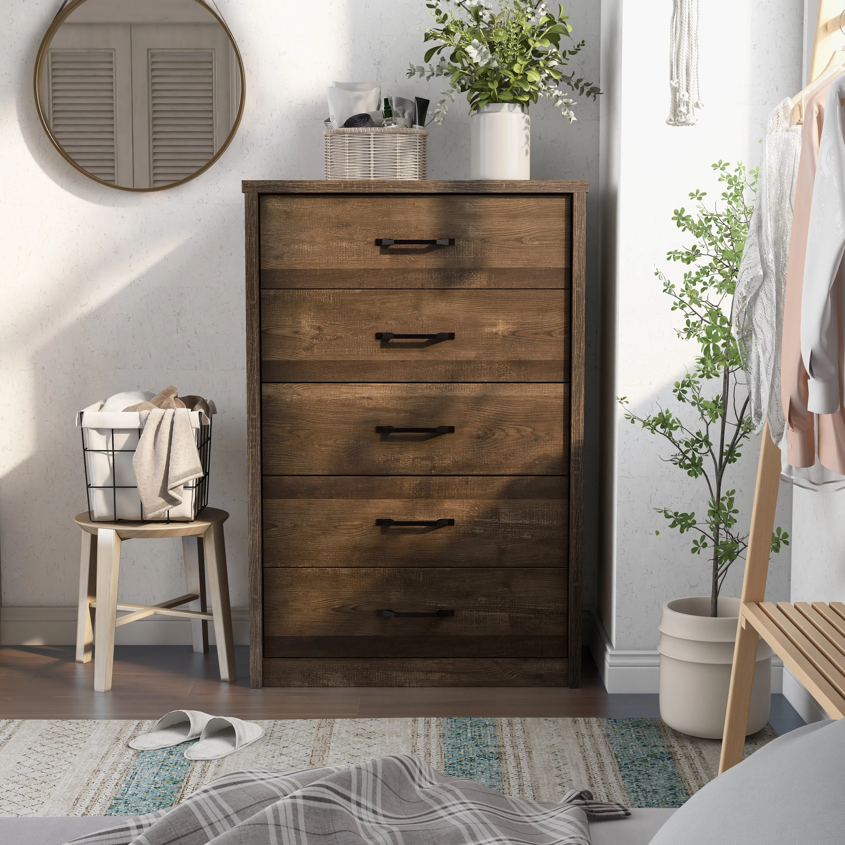 Furniture of America Greer Rustic Walnut and Black Bar 5-Drawer Chest by