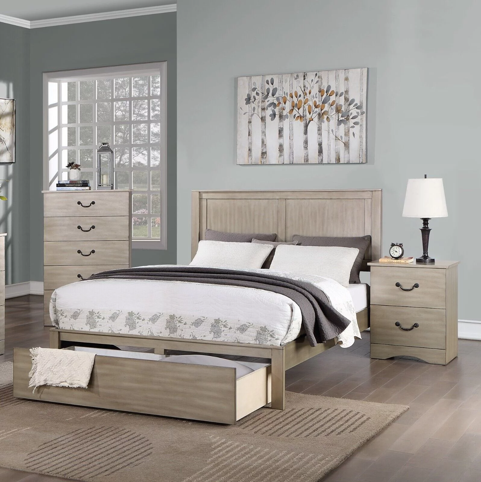 California King Size Bed And 2x Nightstands 3pc Bedroom Set Storage Underbed Drawers Footbaord Furniture Wooden Panel Headboard