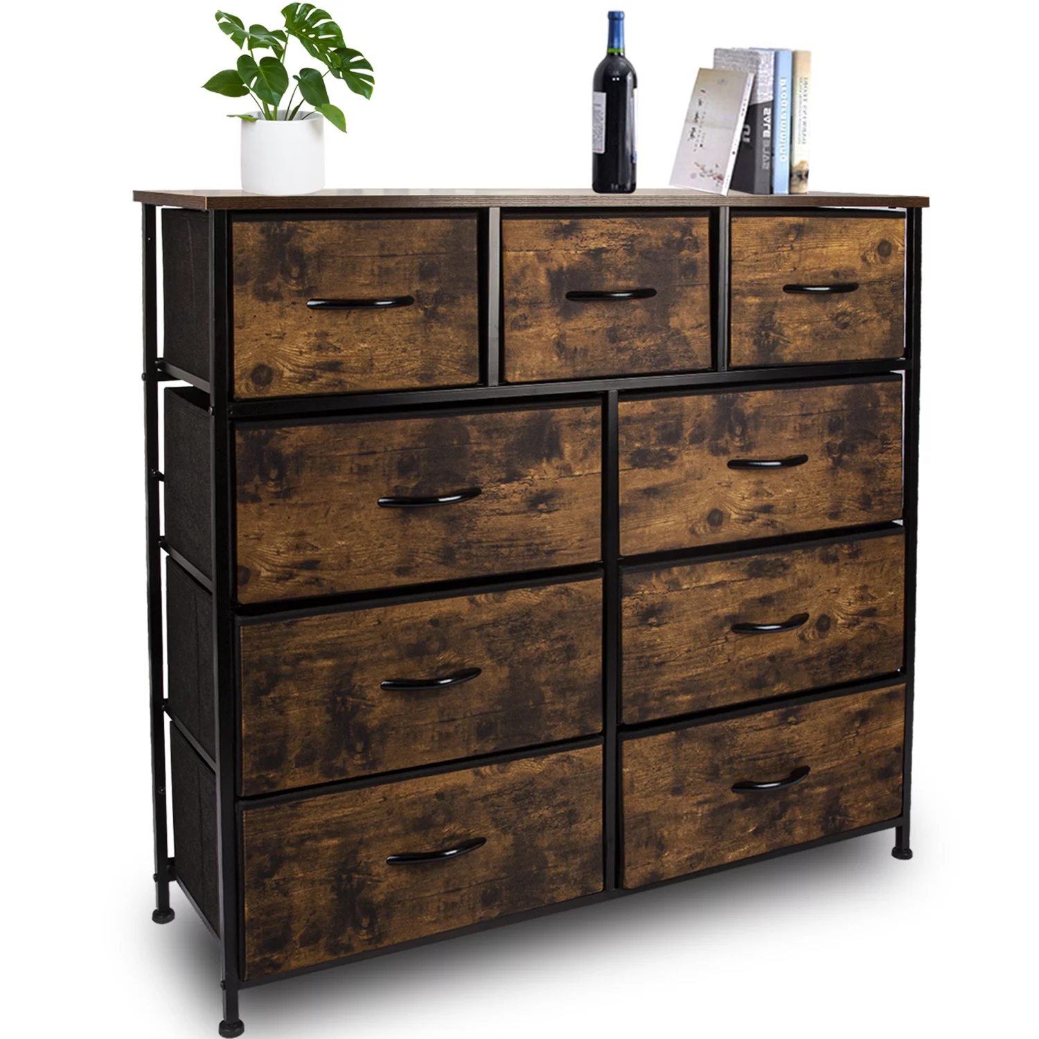 Cerbior Fabric Dresser with 9 Drawers - Furniture Storage Tower Unit for Bedroom, Hallway, Closet, Office Organization, End Table Dresser - Steel Frame, Wood Top