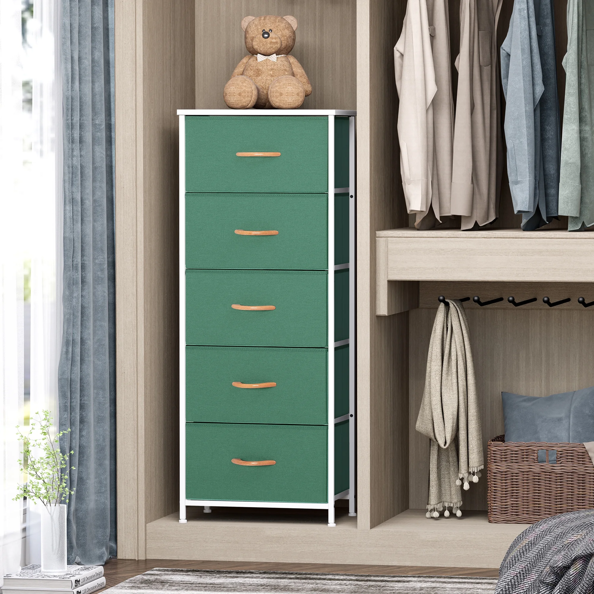 Crestlive Products 5 Drawers Fabric Dresser Vertical Storage Tower,Green