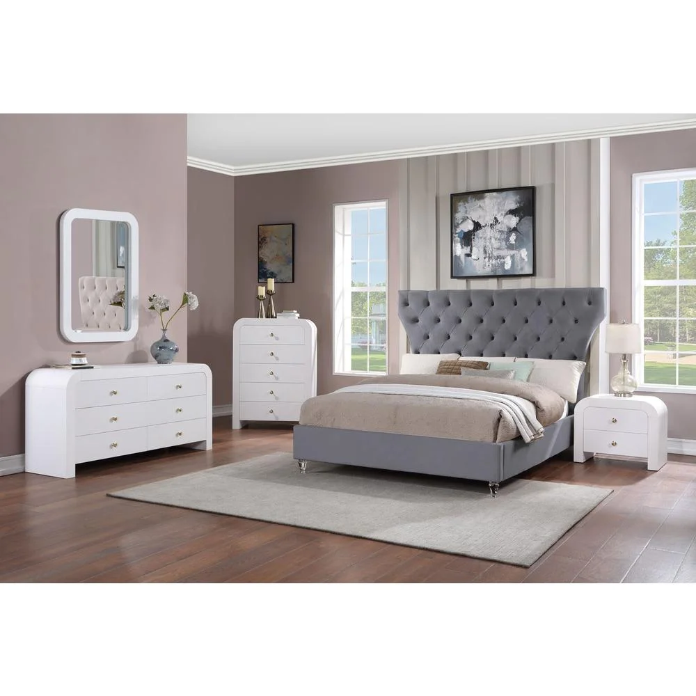 Bellagio Gray Tufted Velvet California King Platform Bed with Acrylic Legs