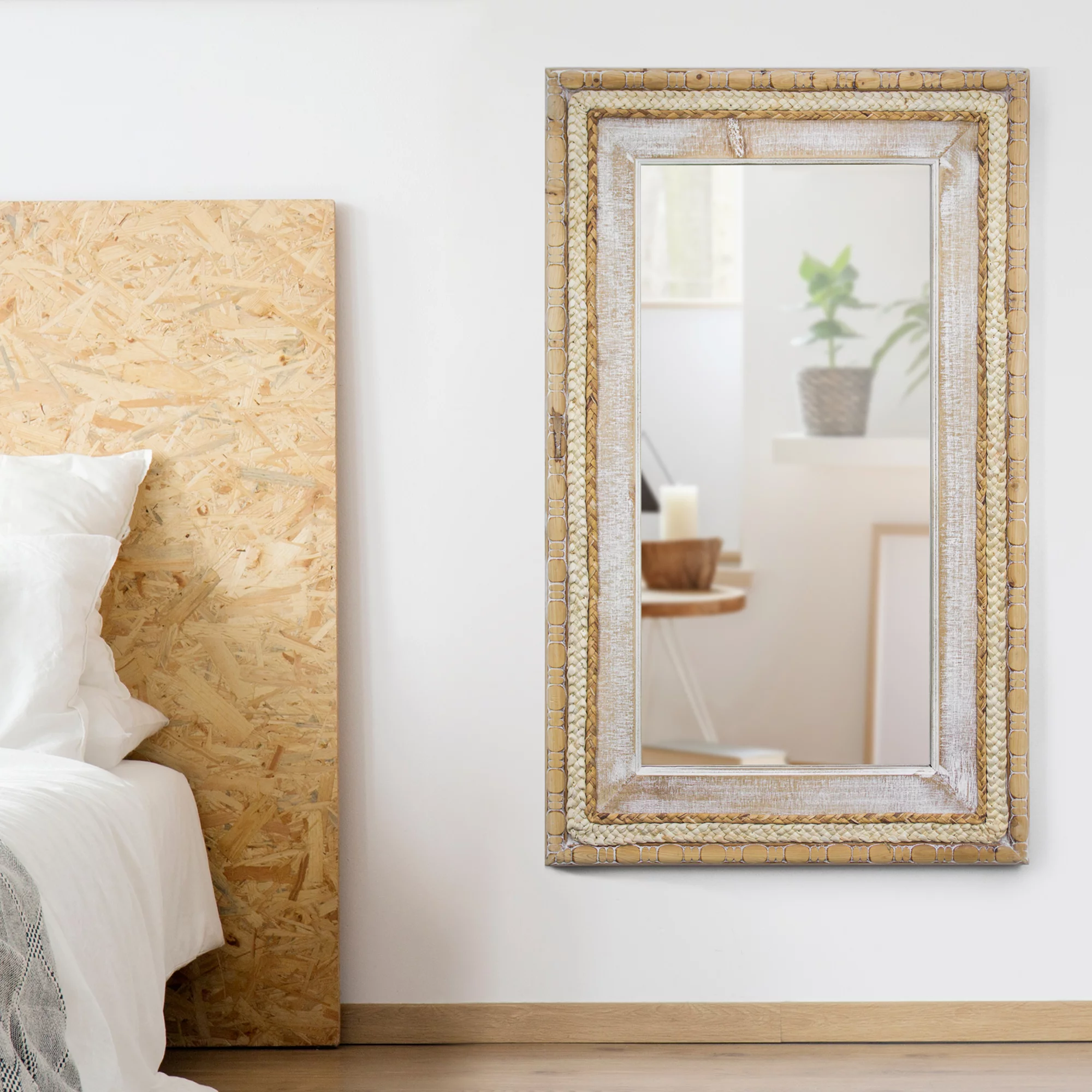 Head West Whitewashed Frame With Inlaid Hand Woven Rattan Wall Mirror - 39.25