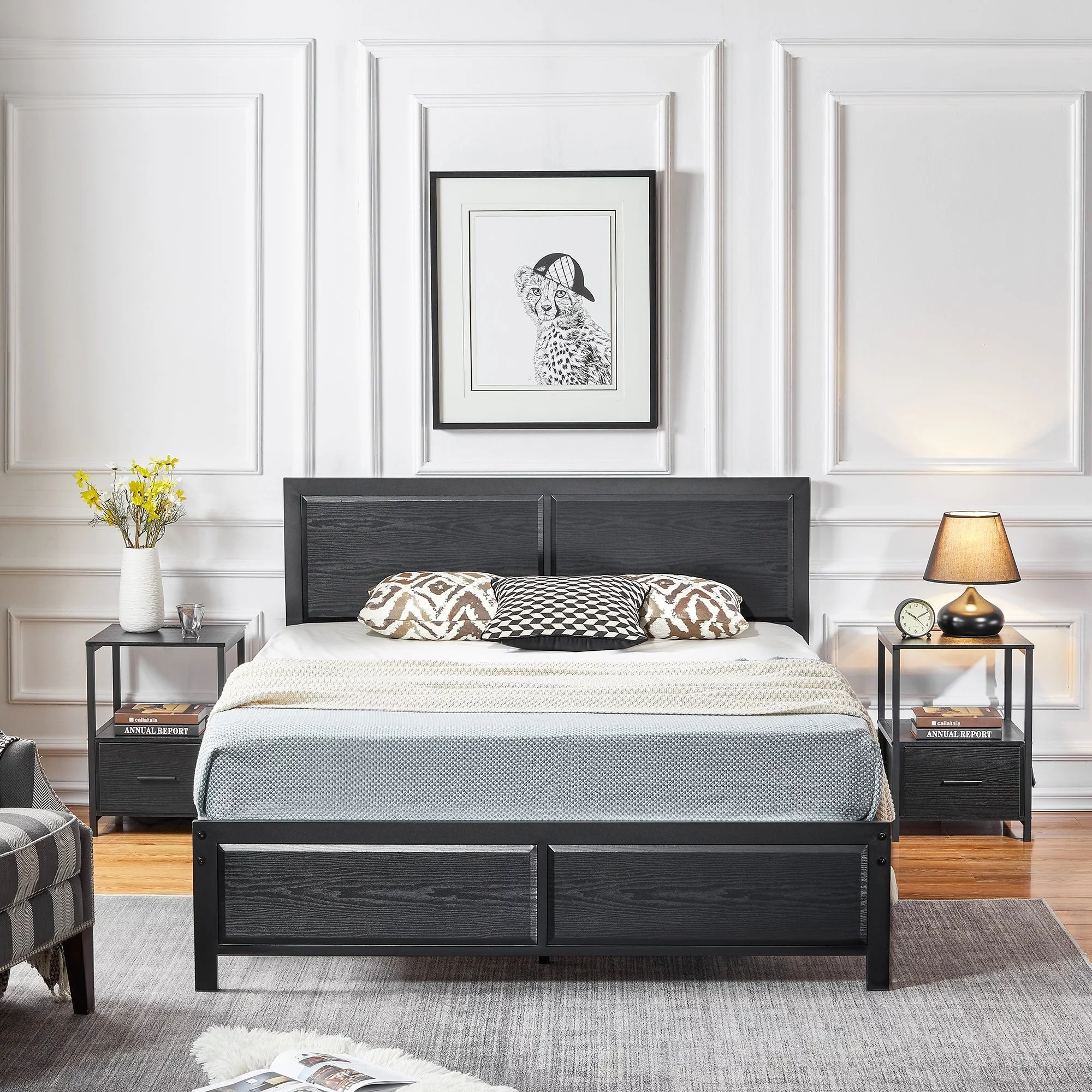Bedroom Set of 3 Wood Headboard Platform Bed Frame Set of 2 Nightstands with Charging Station USB Port USB Brown Set Twin