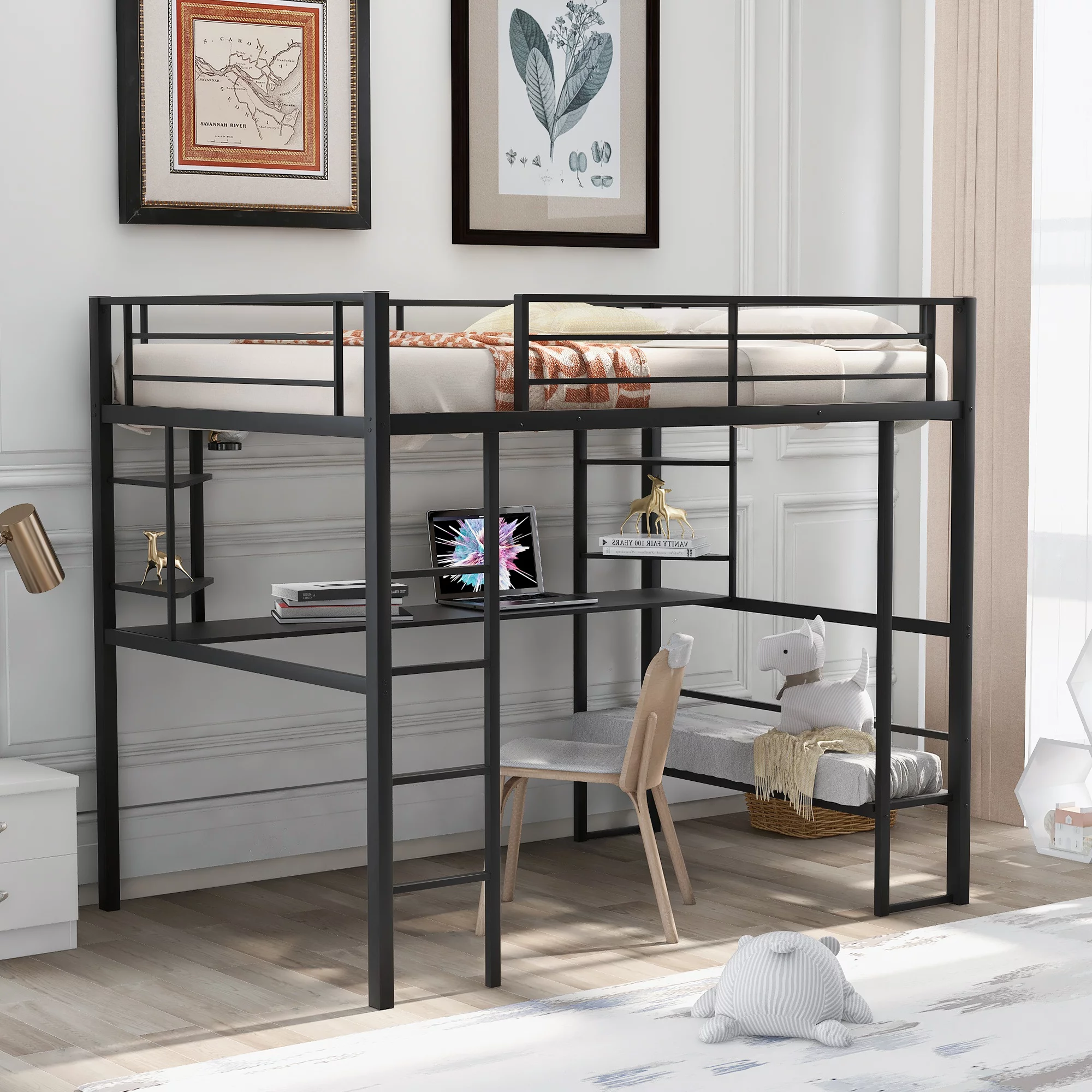 Metal Loft Bunk Bed Full Size Sturdy Frame with Long Desk Shelves and Ladder, Full Size Loft Metal Bed with Bookshelf and Desk