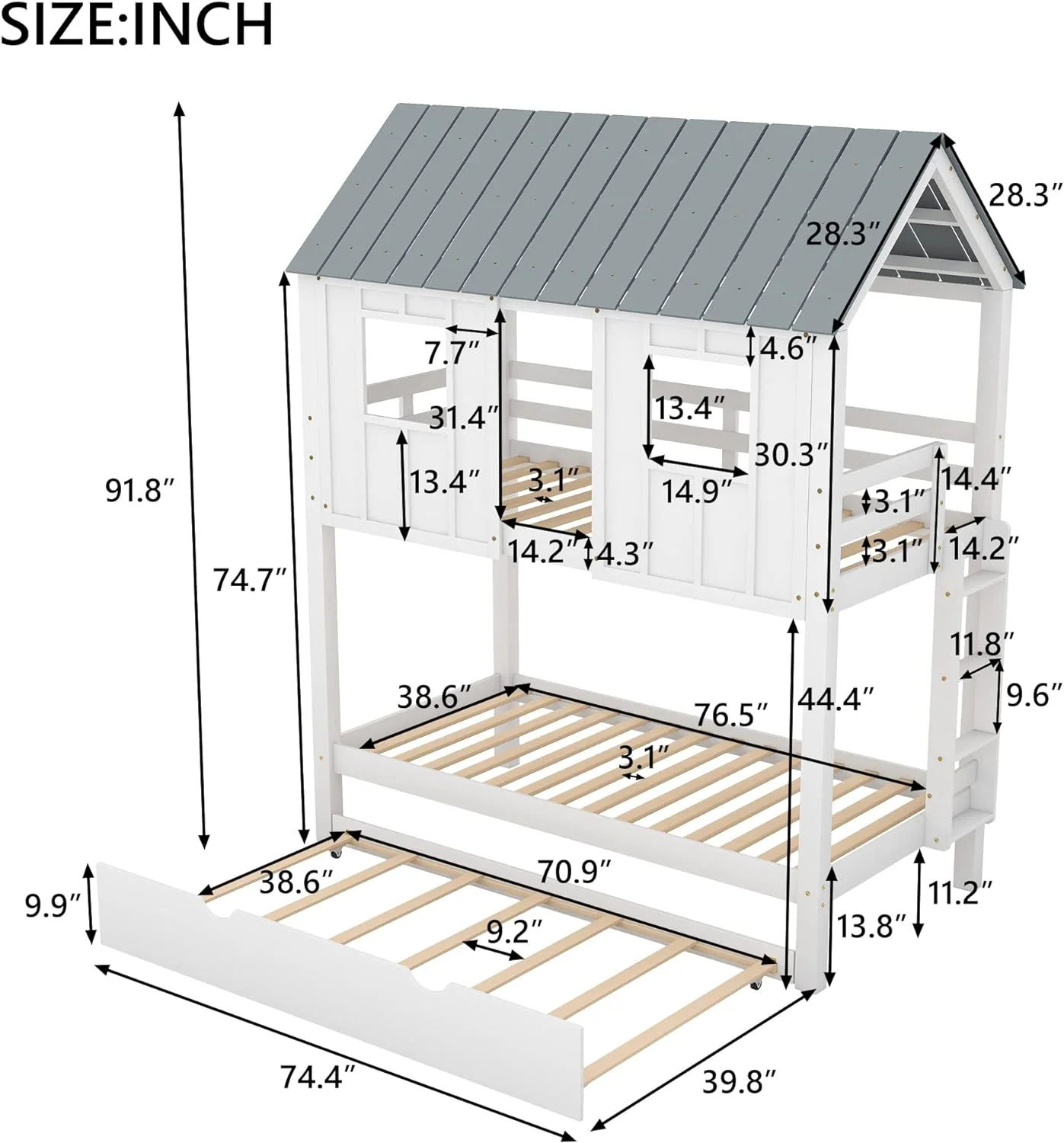 House Bunk Bed Wih rundle For Bedroom, Wood Over Bunk Beds Wih Roof And Windows For Kids,No Box Spring Needed, Whie