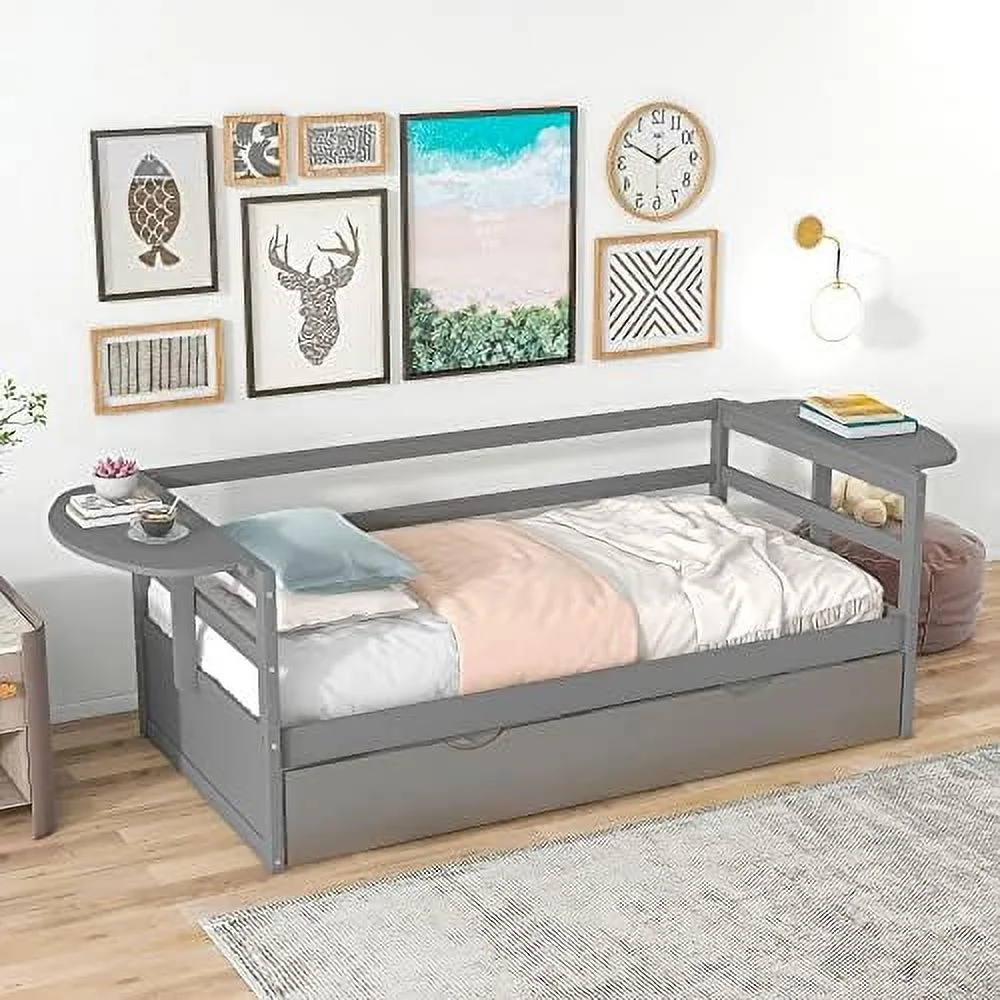 Size Daybed With Trundle, Solid Wood Frame Foldable Shelves On Both Sides, For Kids Teens Guests. No Box Spring Needed, Bedroom Living Room Furniture (, Gray)
