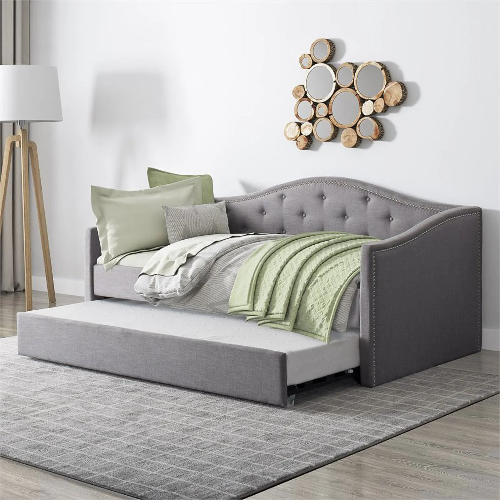 Pemberly Row Transitional Light Gray Tufted Fabric Day Bed with Trundle