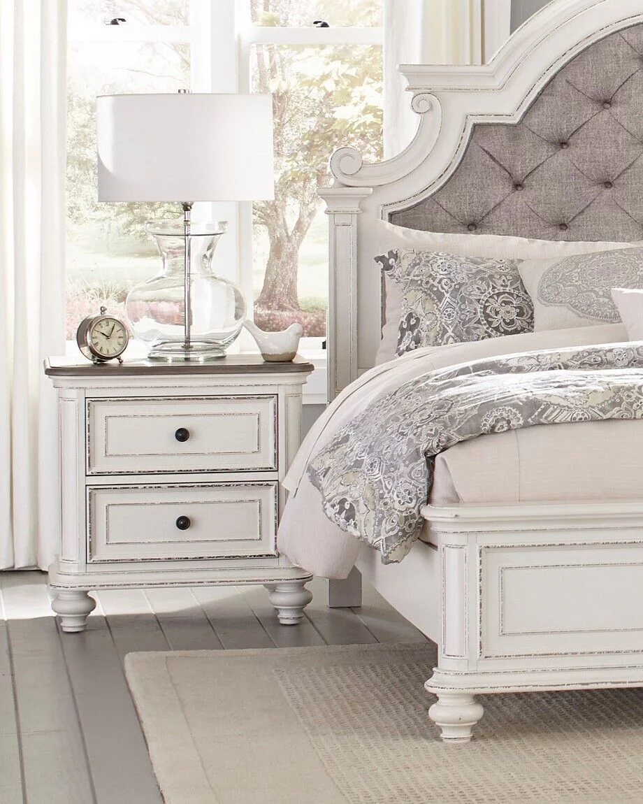 Traditional Curves Design Bedroom Set 4pc Queen Size Bed Button-Tufted Headboard Nightstand Dresser Mirror