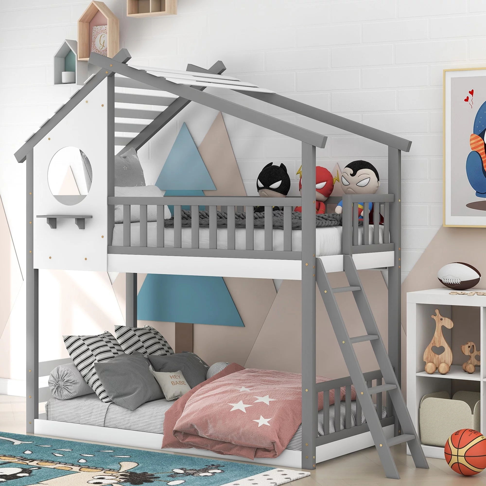 Twin Over Twin Bunk Bed Wood Bed with Roof, Window, Ladder Grey