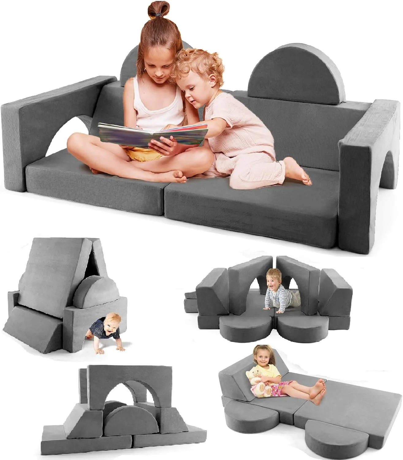 INFANS Mondular Kids Play Couch, 8PCS Toddler Sectional Sofa Building Fort for Playroom, Bedroom, Imaginative Convertible Floor Cushion, Foam Nugget Set for Boys and Girls (Grey)