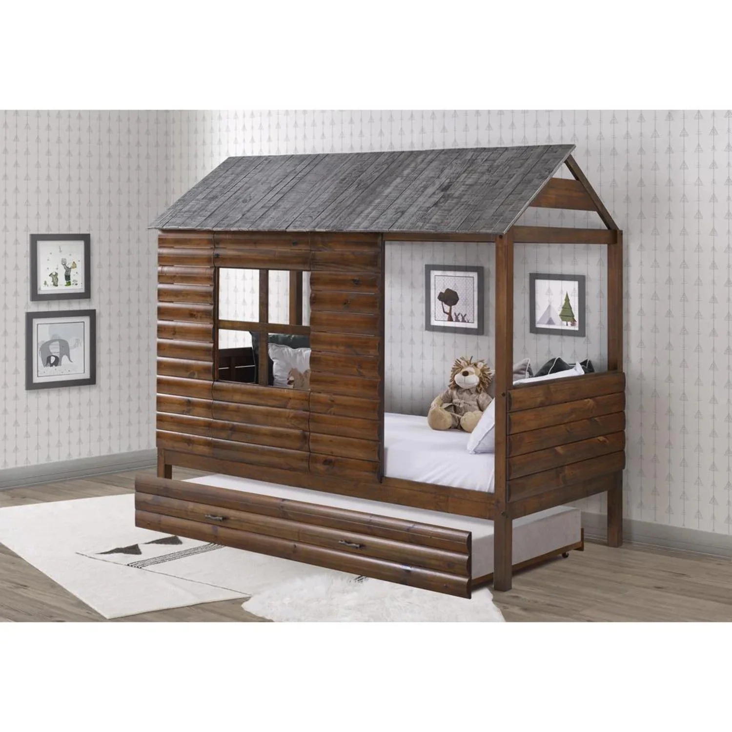 Donco Kids Log Cabin Twin Solid Wood Low Loft Bed with Trundle in Rustic Walnut