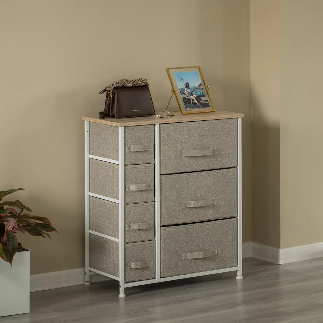 Sand Beige Bins and White Frame Seven Storage Night Chest and Storage Chest, 2 Sizes Bins