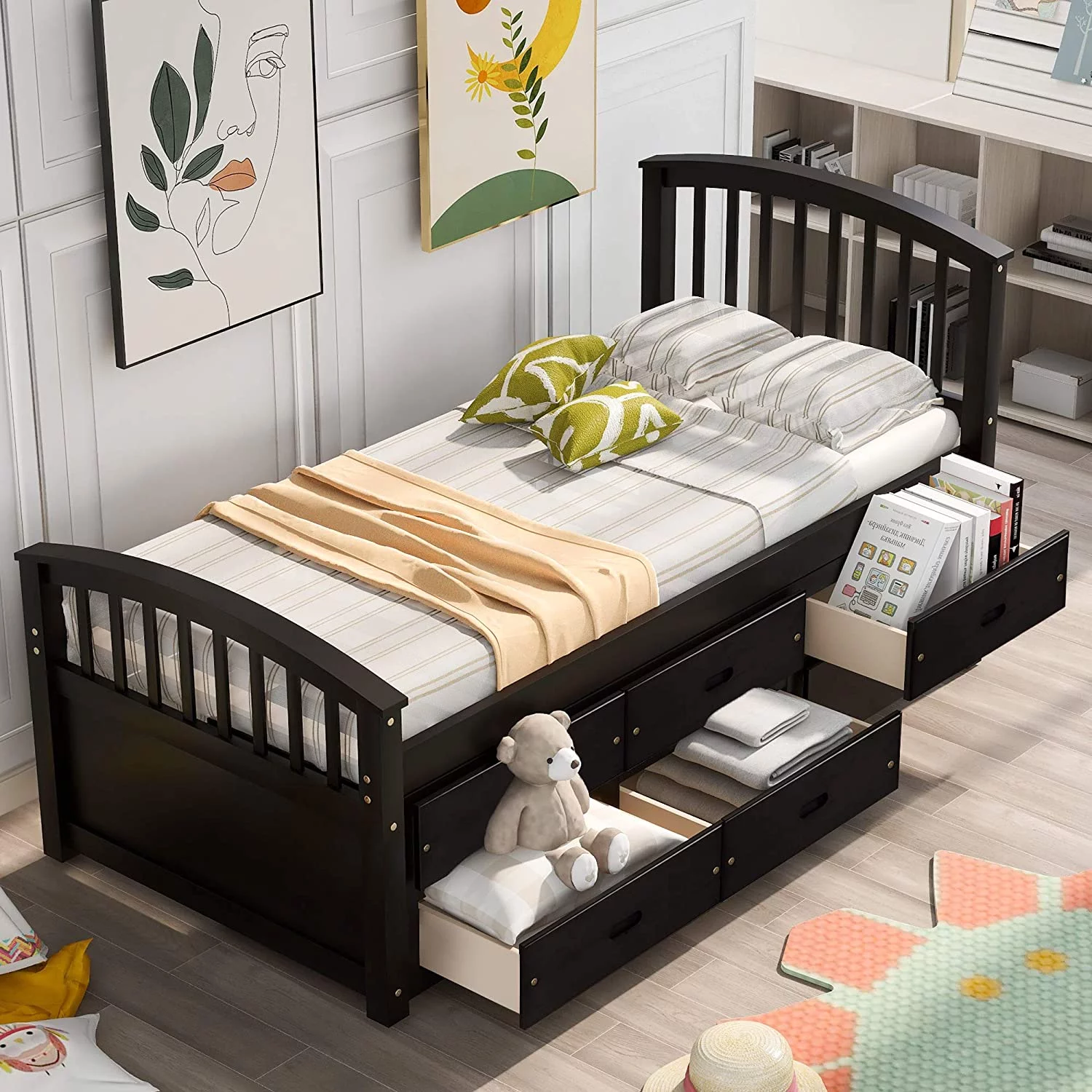 Rhomtree Twin Size Wood Platform Bed Captain Storage Bed with 6 Drawers Kids Bedroom Furniture, Espresso