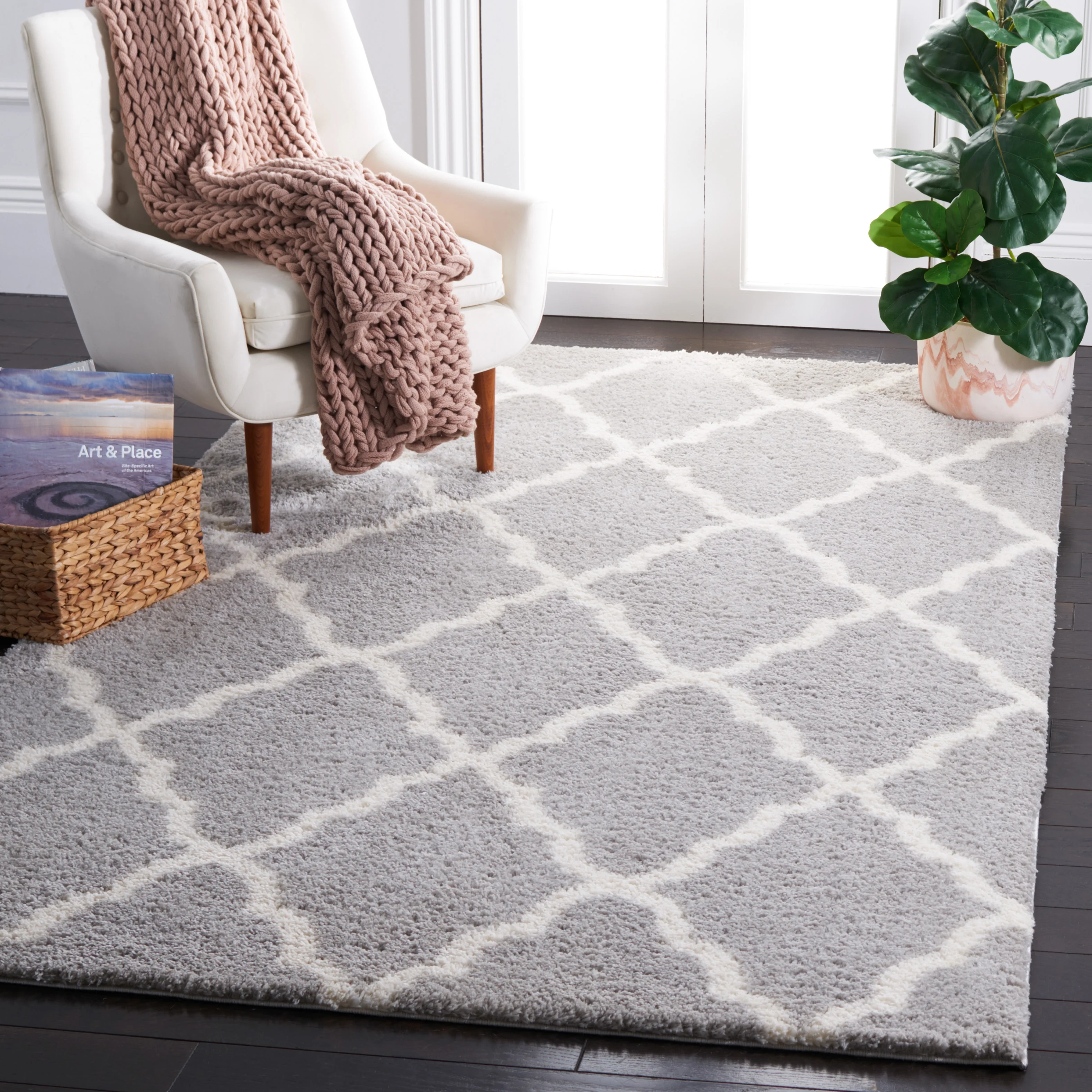 Mainstays 5' x 7' Gray/Ivory Plush Trellis Shag Area Rug