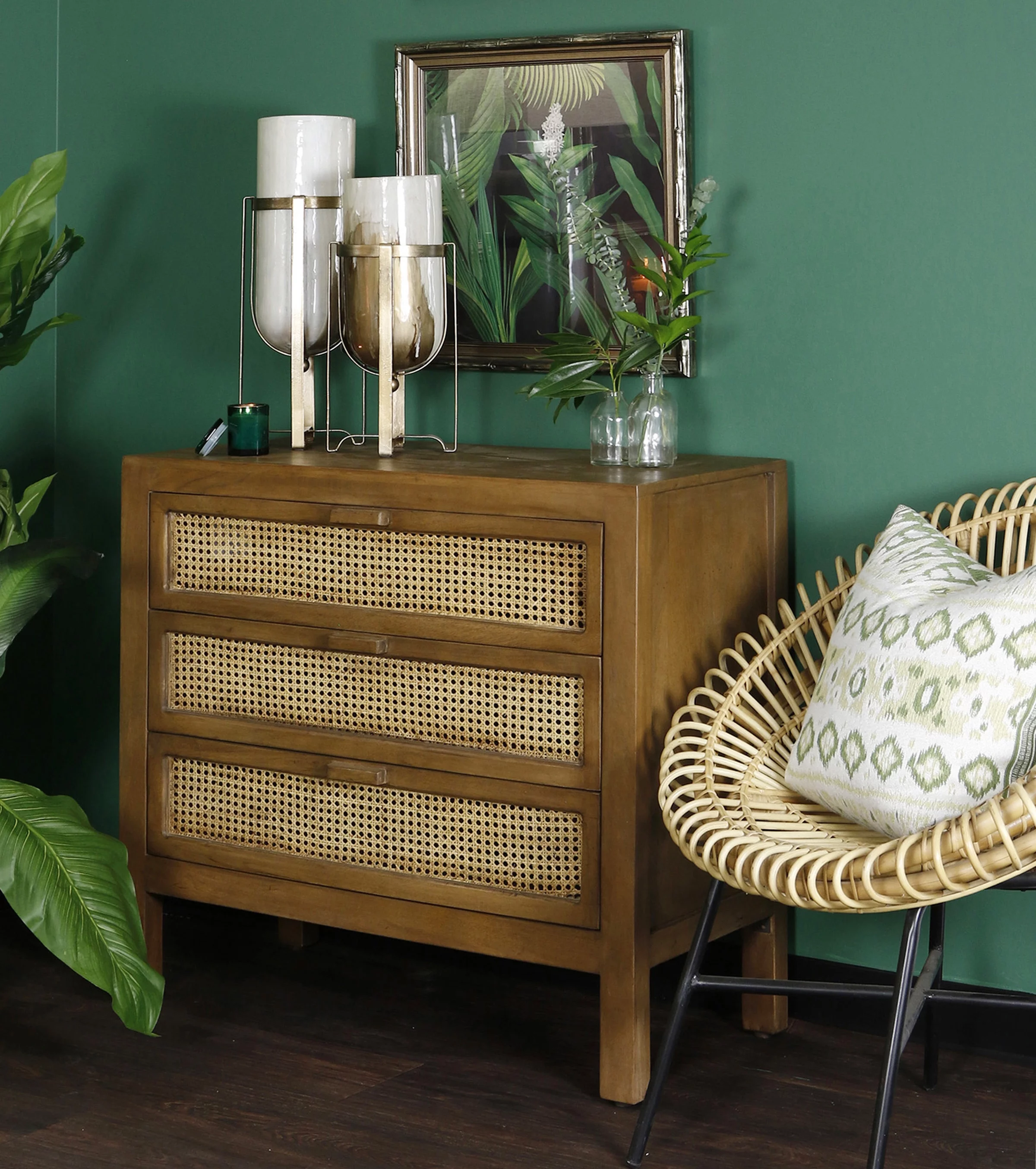 Easton Three-Drawer Chest - Mango Wood, Woven Cane Panels
