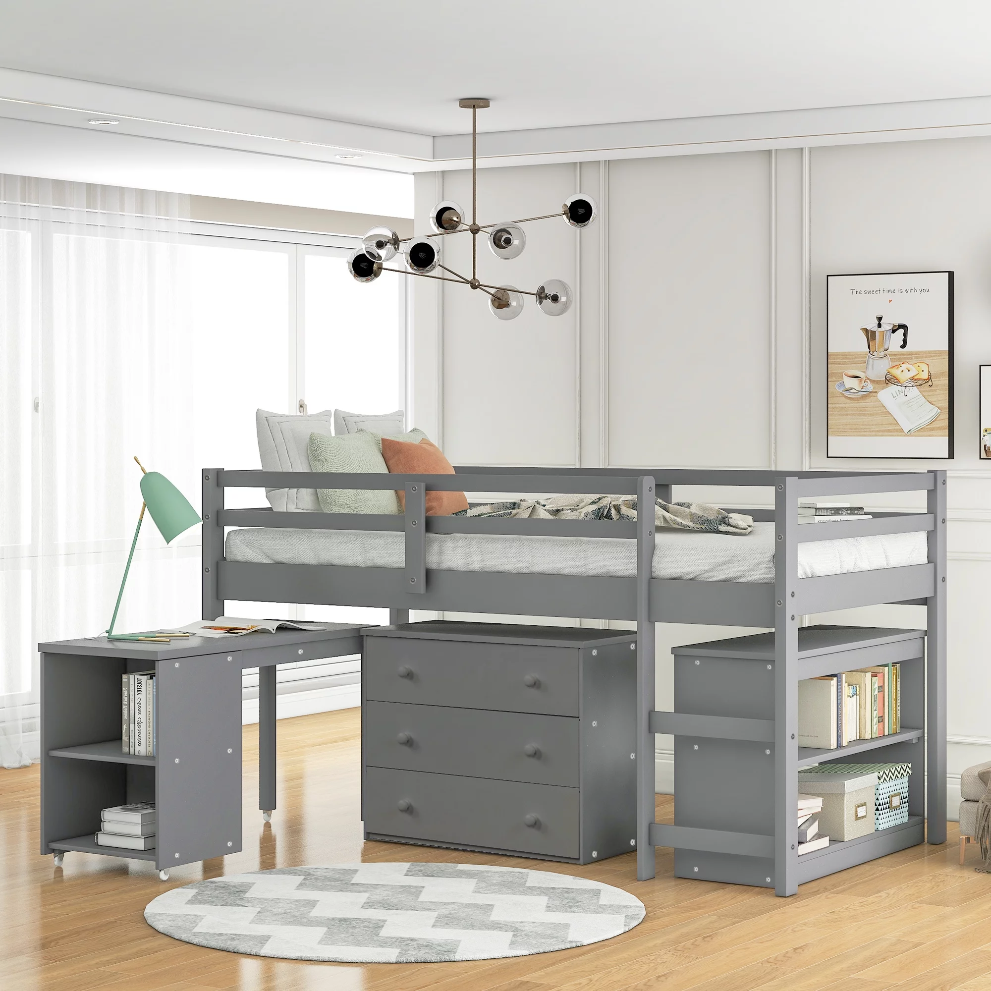 Loft Storage Bed with Spacious Storage Shelves Cabinet and Rolling Portable Desk Multiple Finishes