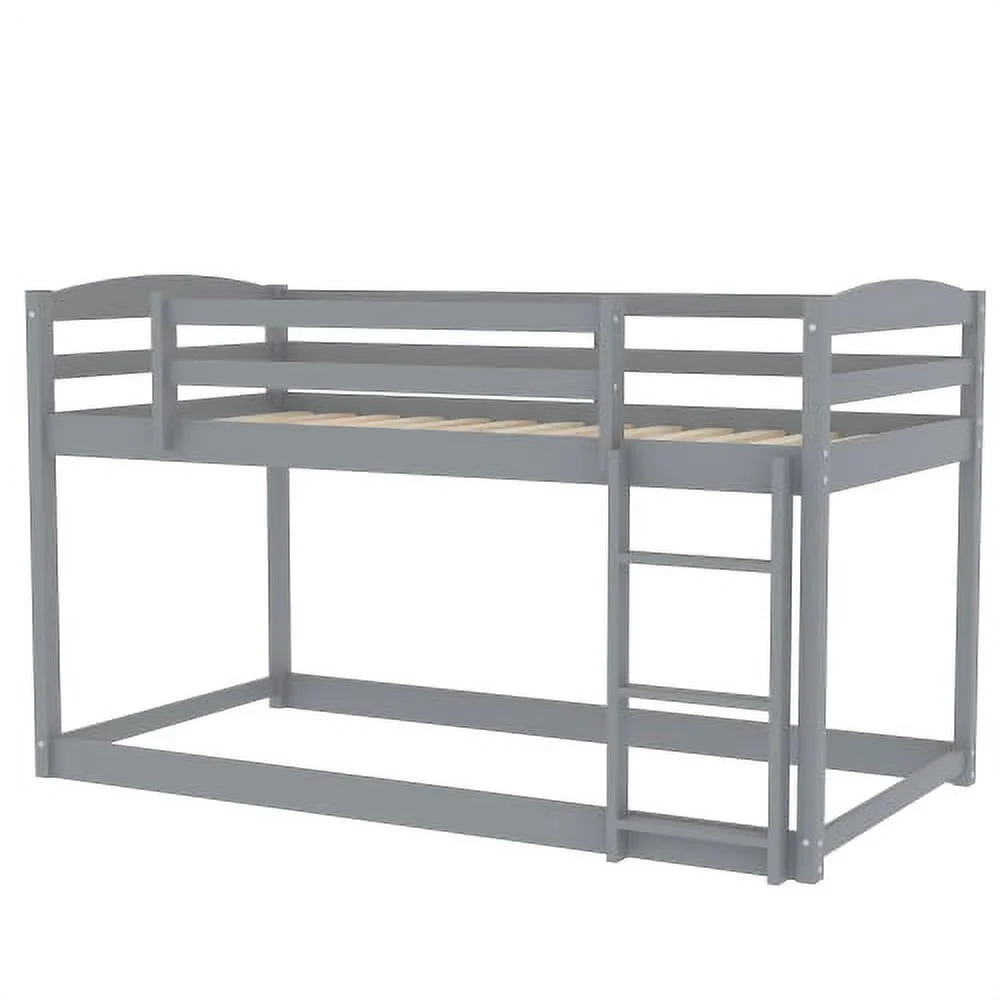 Twin Over Twin Floor Bunk Bed with Safety Guardrail, Climbing Ladder, Easy to Assemble, Saving Space, Bed Bedroom Storage Guard Rail Ladder…