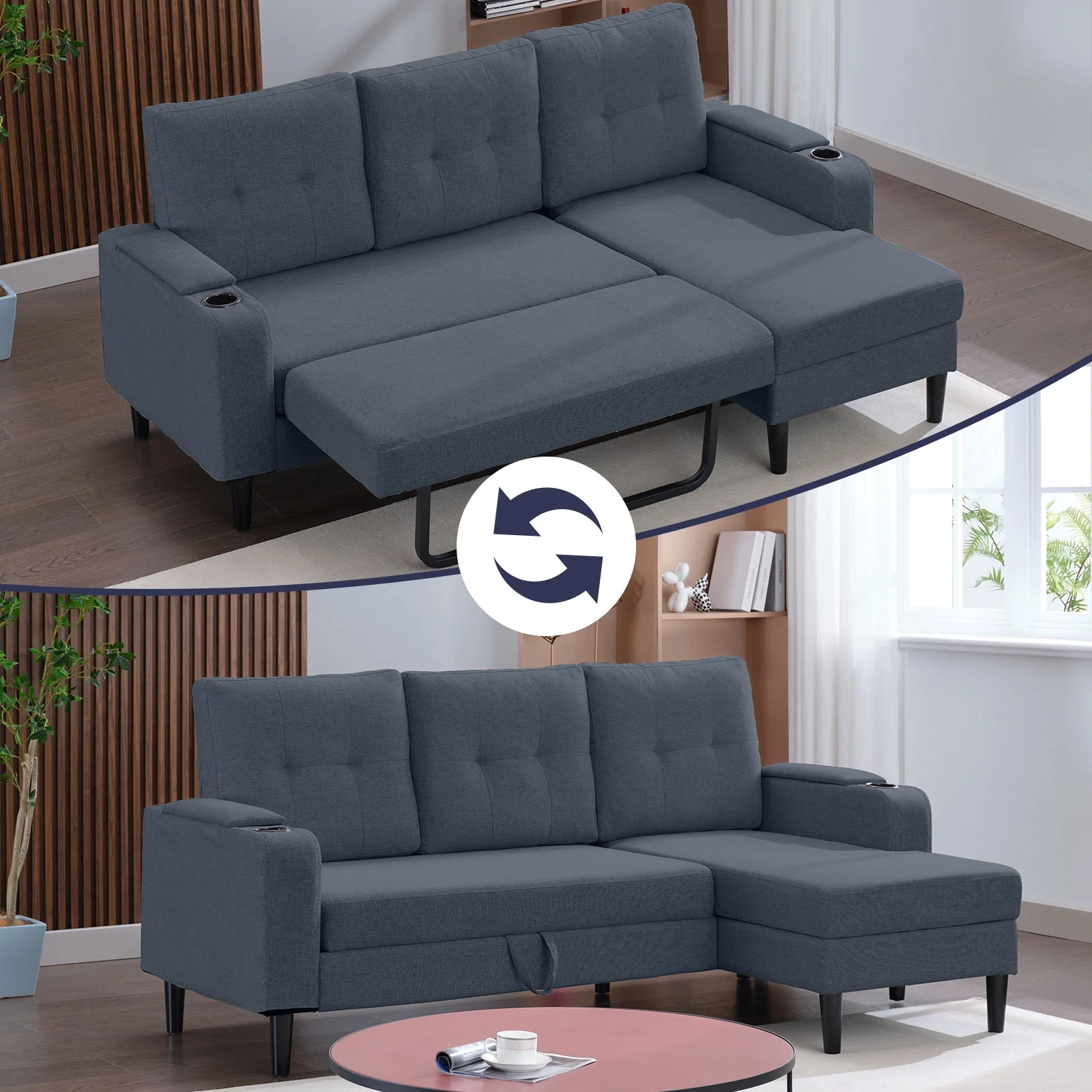 ijuicy Pull Out Sofa Bed, 3-Seat Pull Out Couch Bed with Linen Upholstered, 80” Sleeper Sofa with Storage Armrest & Cupholders, L-Shape Sectional Sleeper Sofa for Living Room, Apartment Dark Grey