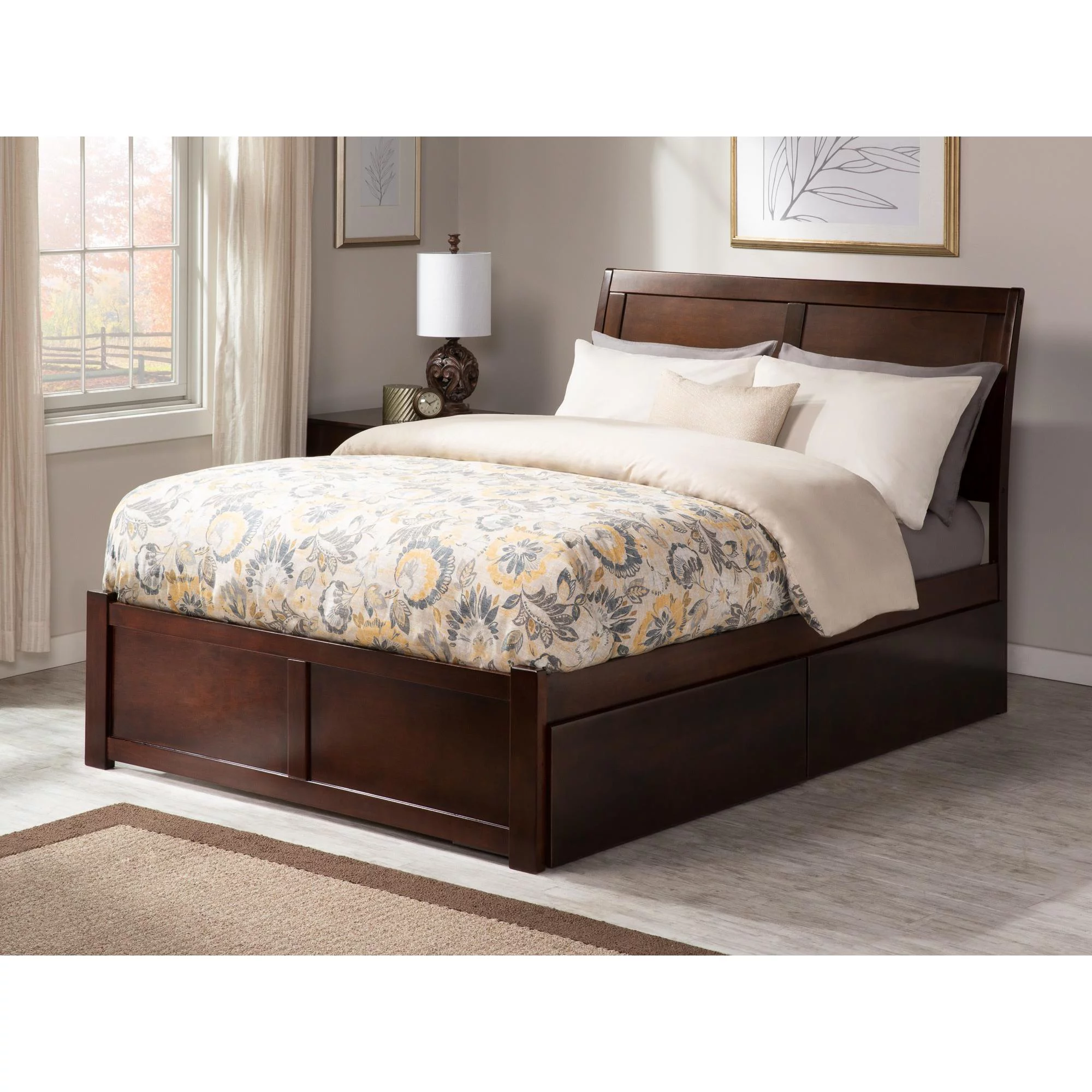 Portland Platform Bed with Flat Panel Foot Board and 2 Urban Bed Drawers in, Multiple Colors and Sizes