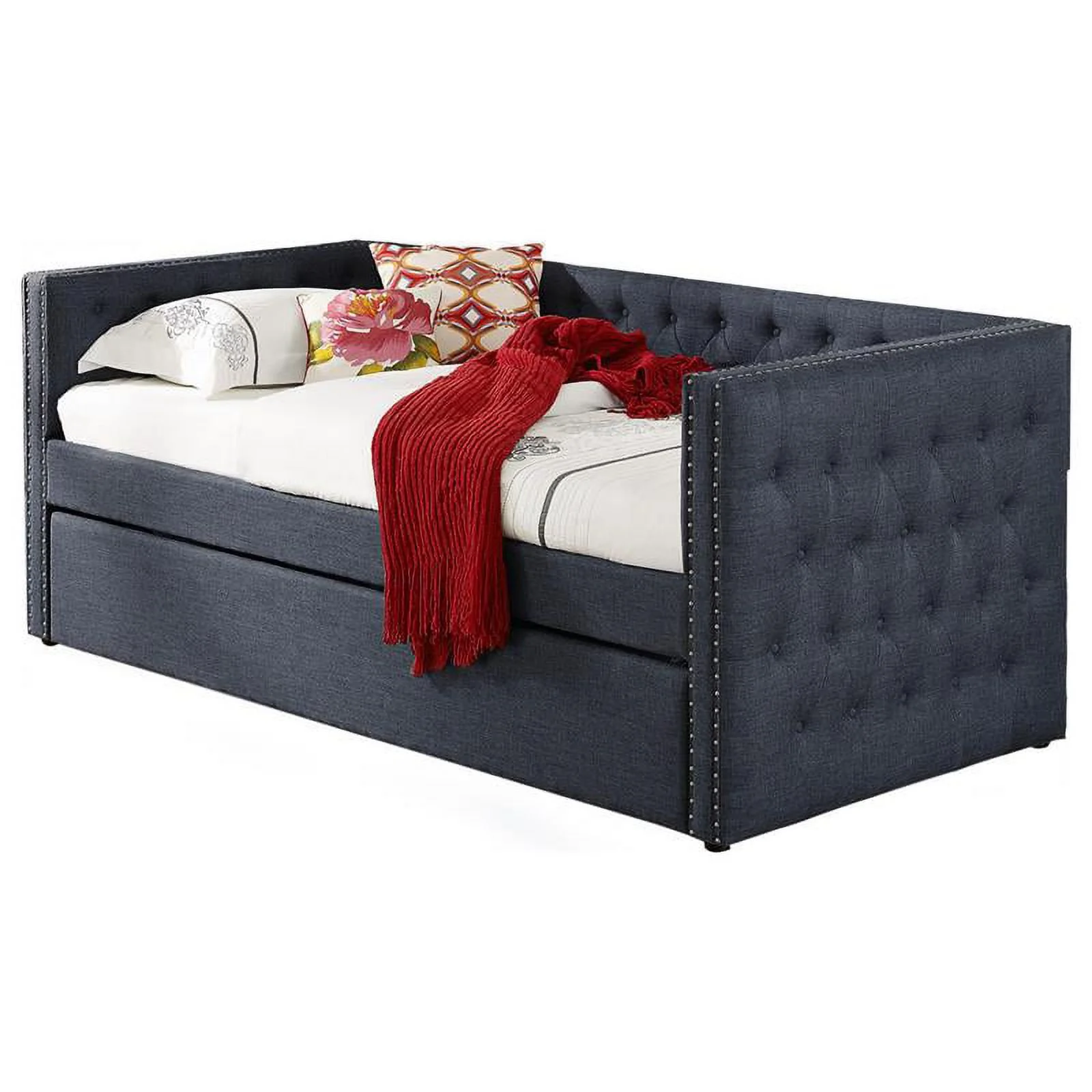 Bowery Hill Tufted Fabric with Nailhead Twin Daybed and Trundle in Trina Gray