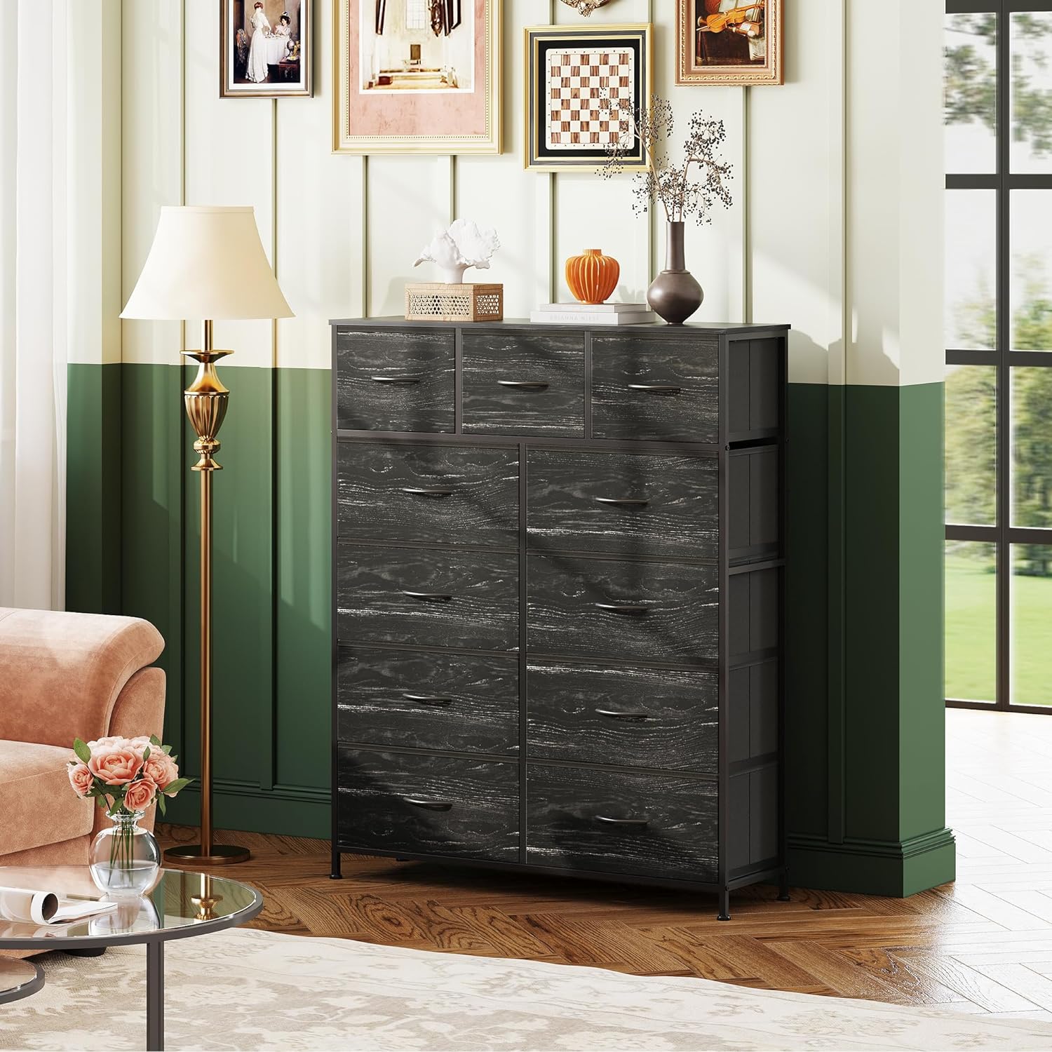 WLIVE 11-Drawer Dresser, Fabric Storage Tower for Bedroom, Hallway, Closets, Tall Chest Organizer Unit with Textured Print Fabric Bins, Steel Frame, Wood Top, Easy Pull Handle, Dark Grey