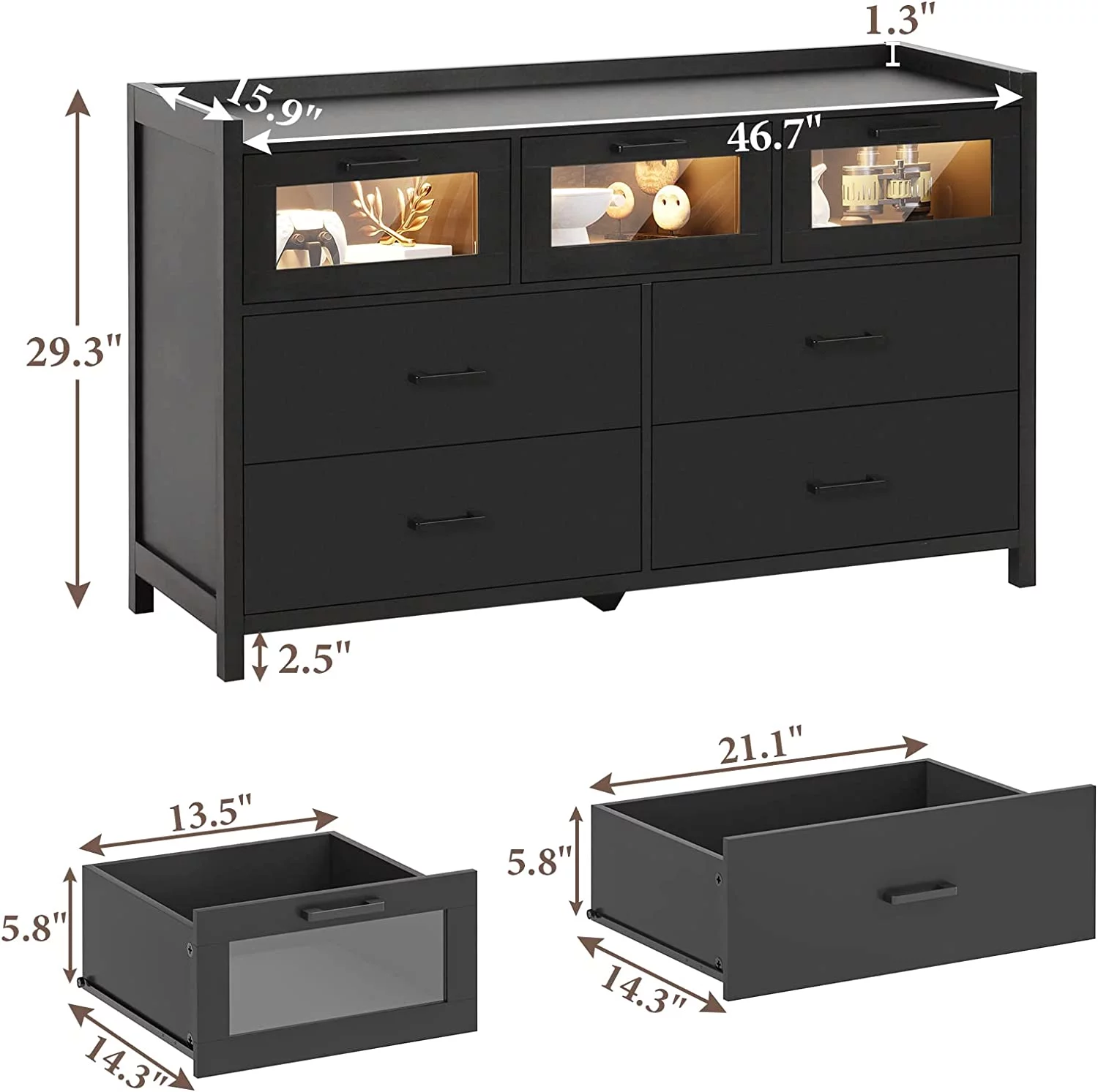 VIAGDO Dresser for Bedroom,7 Drawer Dressers with LED Lights, Dressers and Chests of Drawers, Black