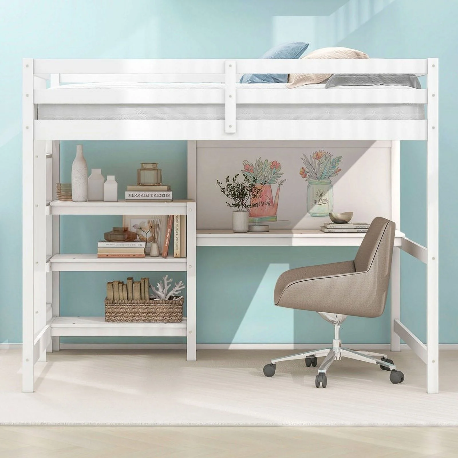 Full Size Wooden Loft Bed with Shelves, Desk and Writing Board White