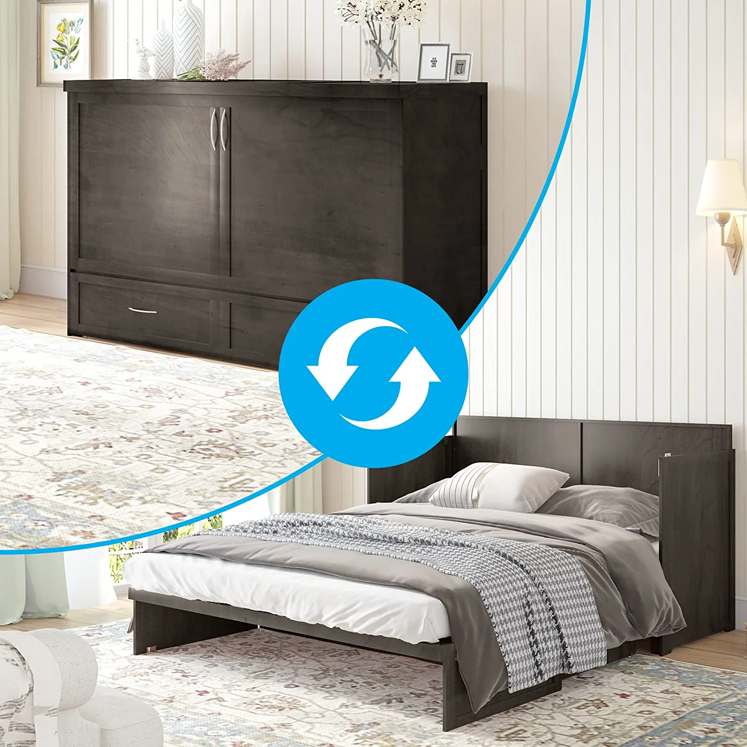 Mjkone Queen Size Cabinet Bed, Murphy Cube Cabinet Chest Bed with USB Charging Station & Folding Foam Mattress for Bedroom,Apartment,Living Room(Grey)