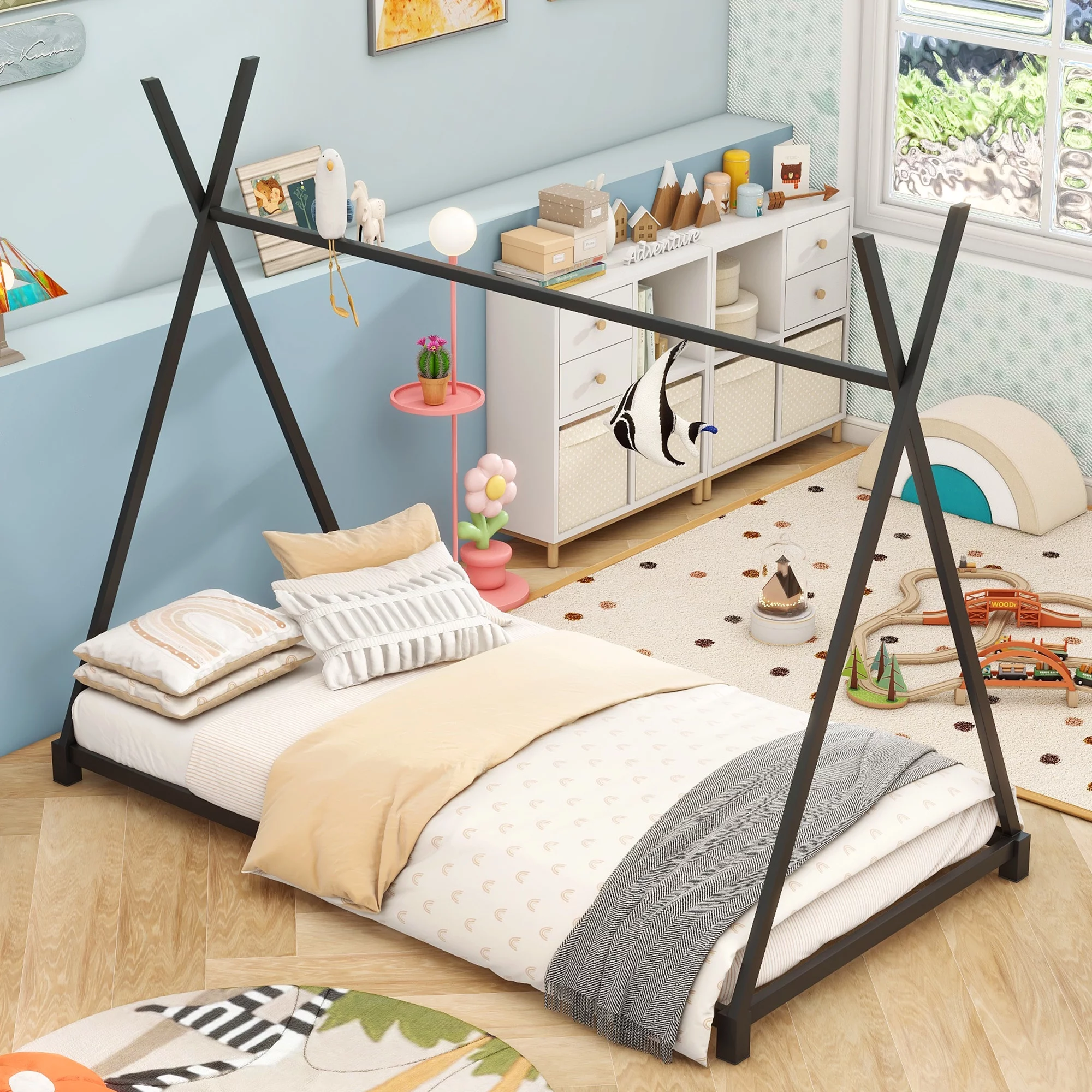 CoSoTower Metal Twin Size House Platform Bed with Triangle Structure, Black