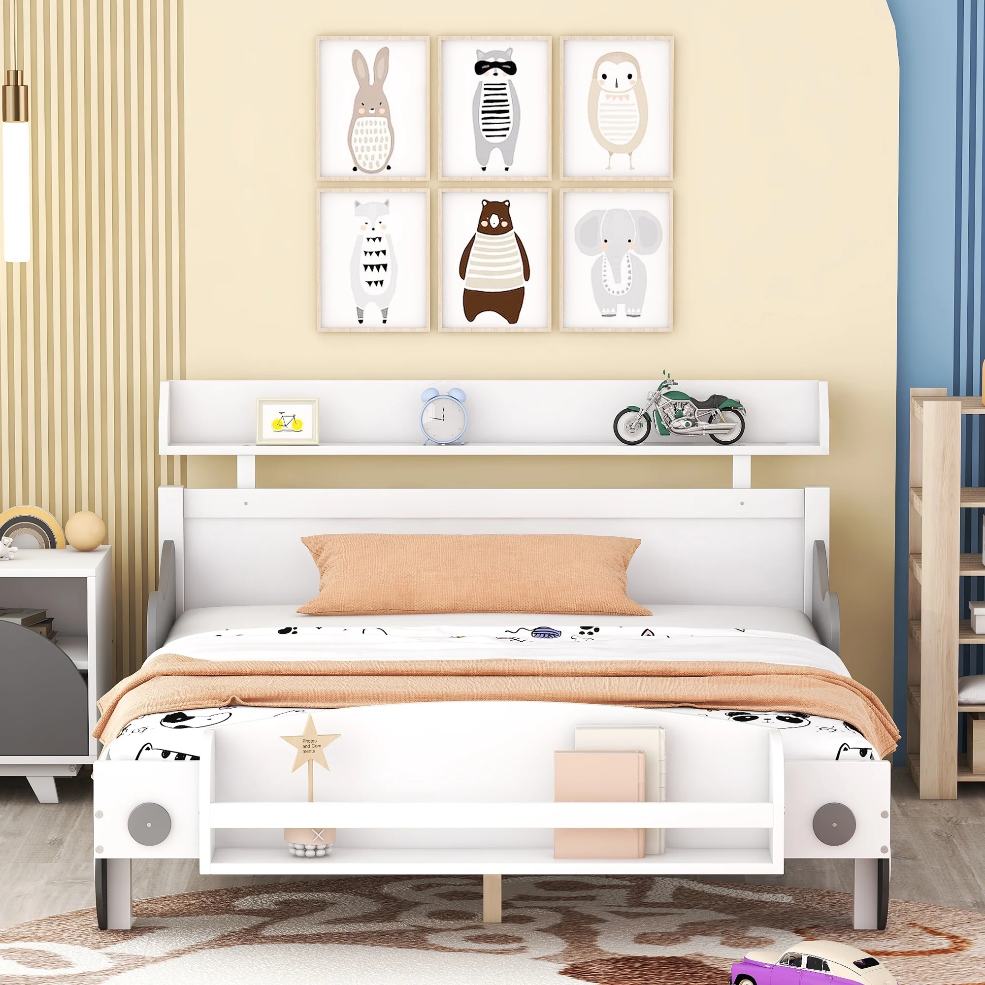 CoSoTower Full Size Car-Shaped Platform Bed,Full Bed with Storage Shelf for Bedroom,White