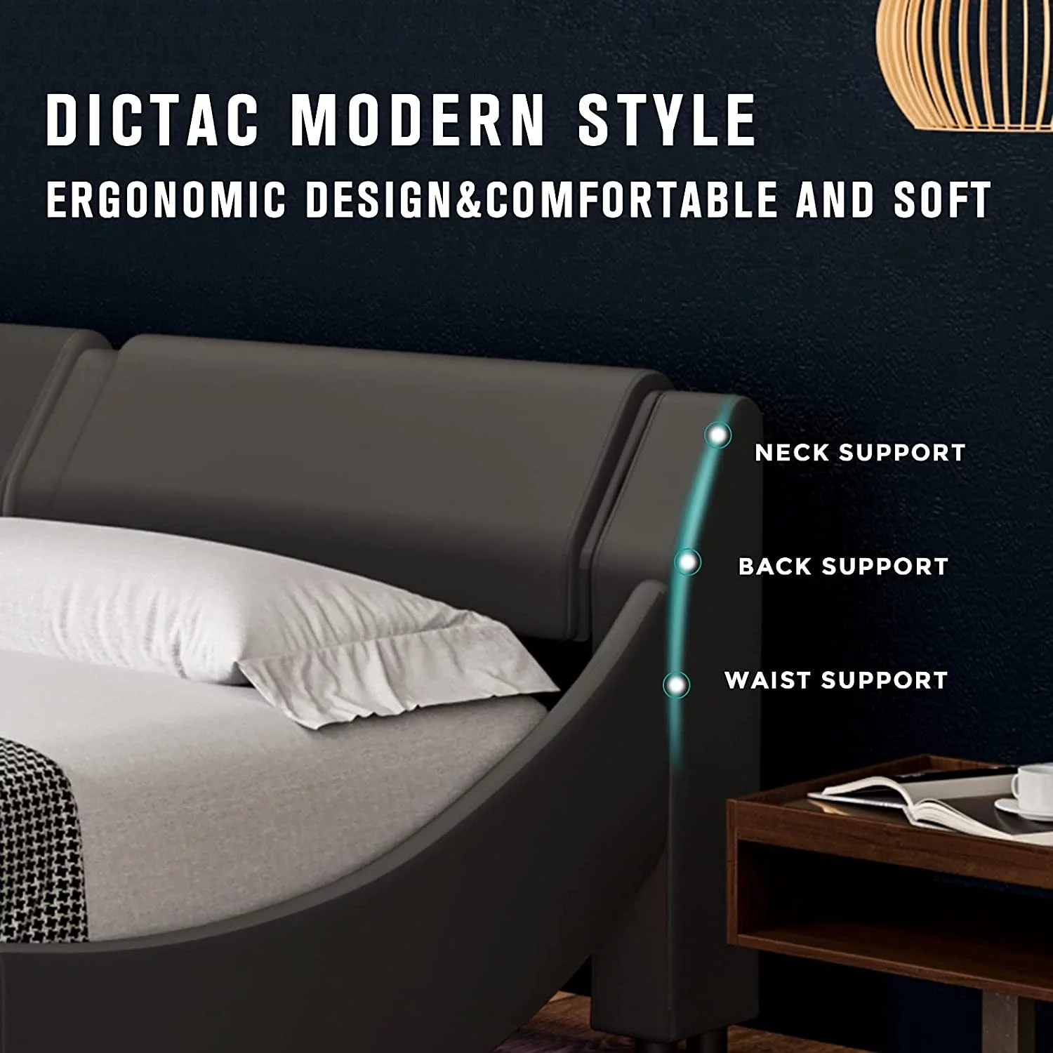 Queen Upholstered Bed Frame with LED Lights headboard,Bed Frame  Wave Like Low Profile Platform Bed Frame with led Lights