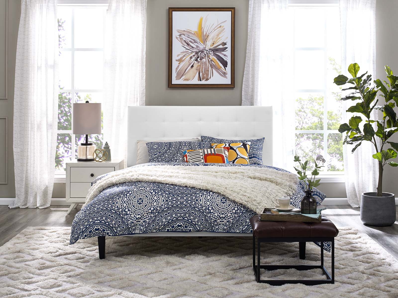 Contemporary Modern Urban Designer Bedroom Full and Queen Size Headbaord, Fabric, White