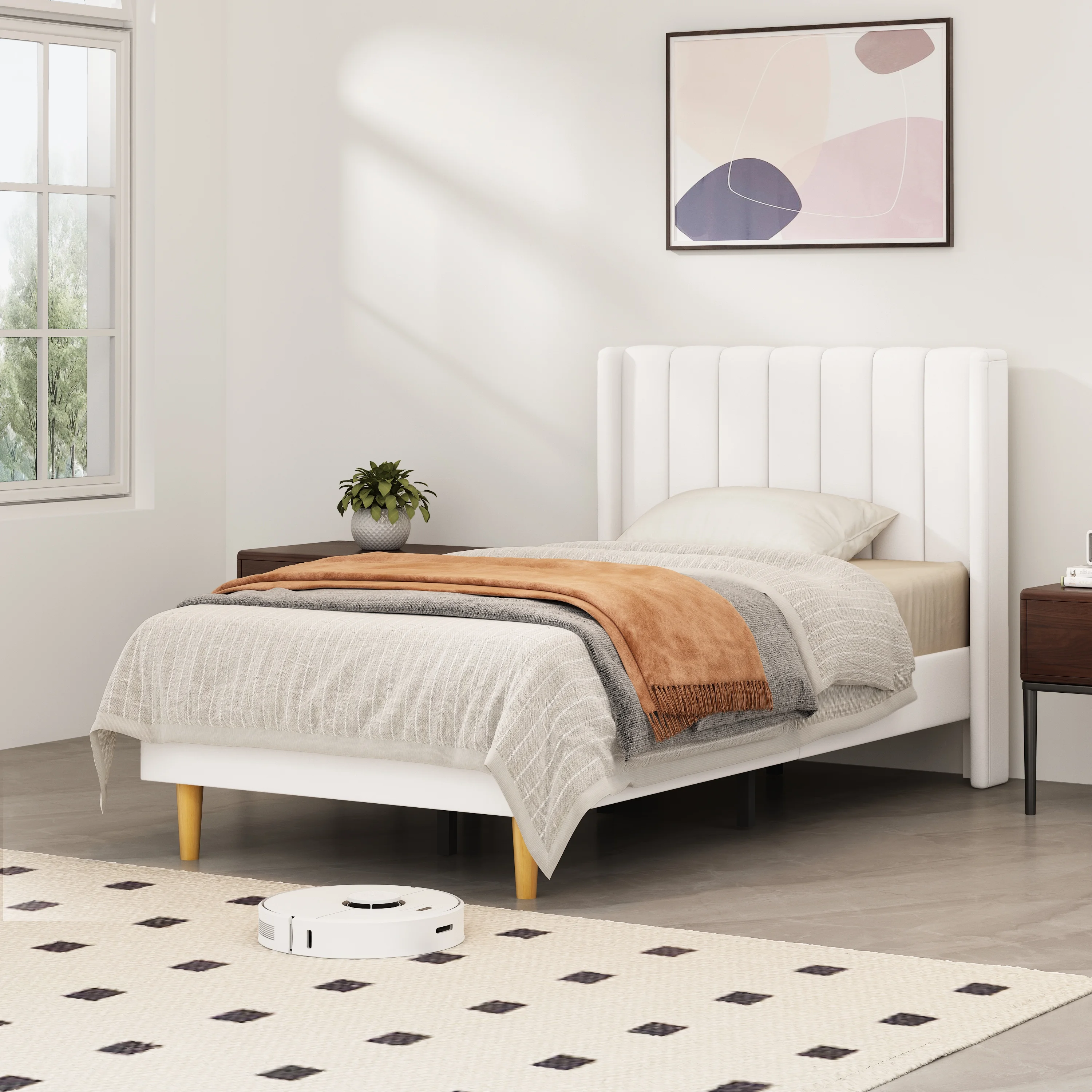 Zanmintaobo Upholstered Platform Bed Frame with Tufted Wingback, Twin Size, Cream