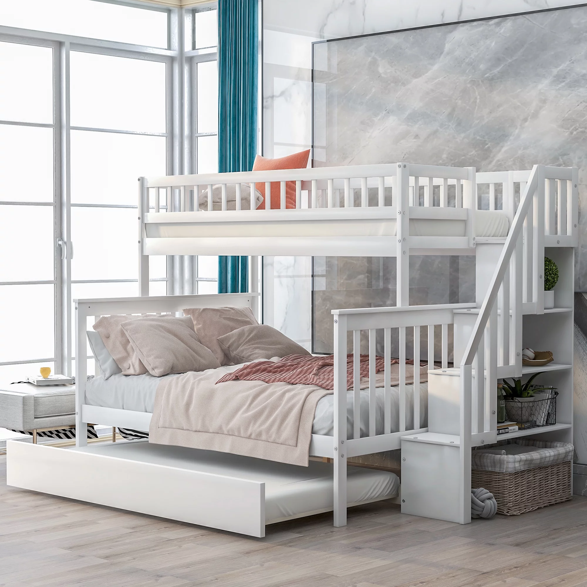 Nestfair White Twin over Full Bunk Bed with Trundle and Staircase
