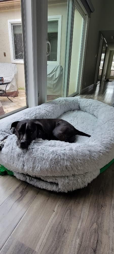 OrganaBark Giant Human Dog Bed for Oversized Pets and Humans, Washable Faux Fur, Ultra Soft to Doze Off & Napping, Orthopedic Comfort, Blanket (Grey)