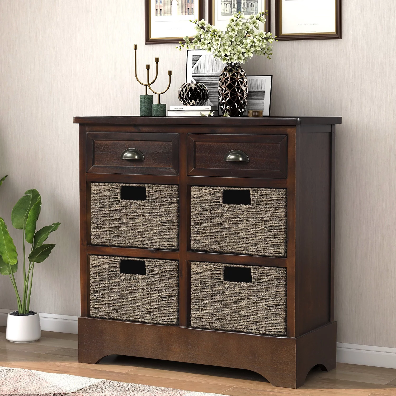 Solid Wood Storage Cabinet with Two Drawers and Four Classic Rattan Basket for Kitchen/Dining Room/Entryway/Living Room (Espresso)