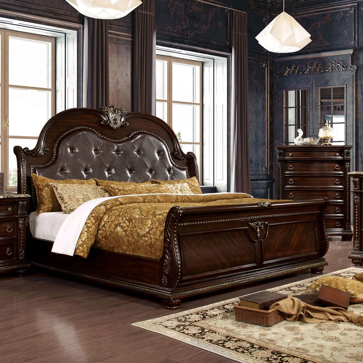 Brown Cherry Formal Luxurious Eastern King Size Bed Camel Back Sleigh Design Tufted Padded HB Faux Wood Carved Detail 1pc Bed