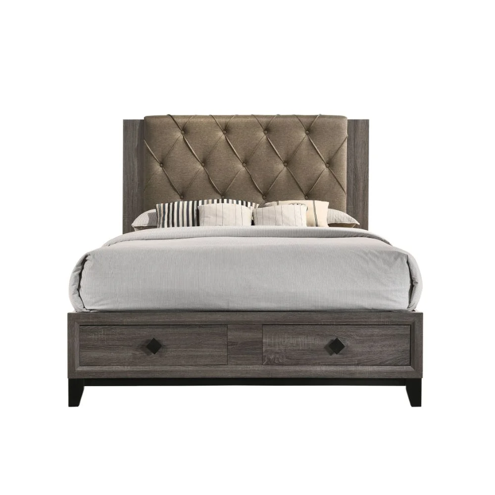Queen Bed w/Storage, Fabric & Rustic Gray Oak