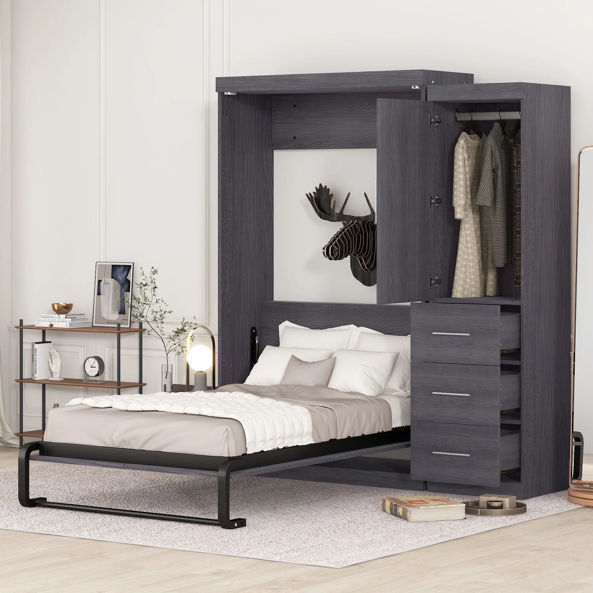 Euroco Wood Twin Size Murphy Wall Bed with Wardrobe and Drawers for Living Room, Moveable Wardrobe and Drawers, Space-Saving & Easy Open and Close, Gray