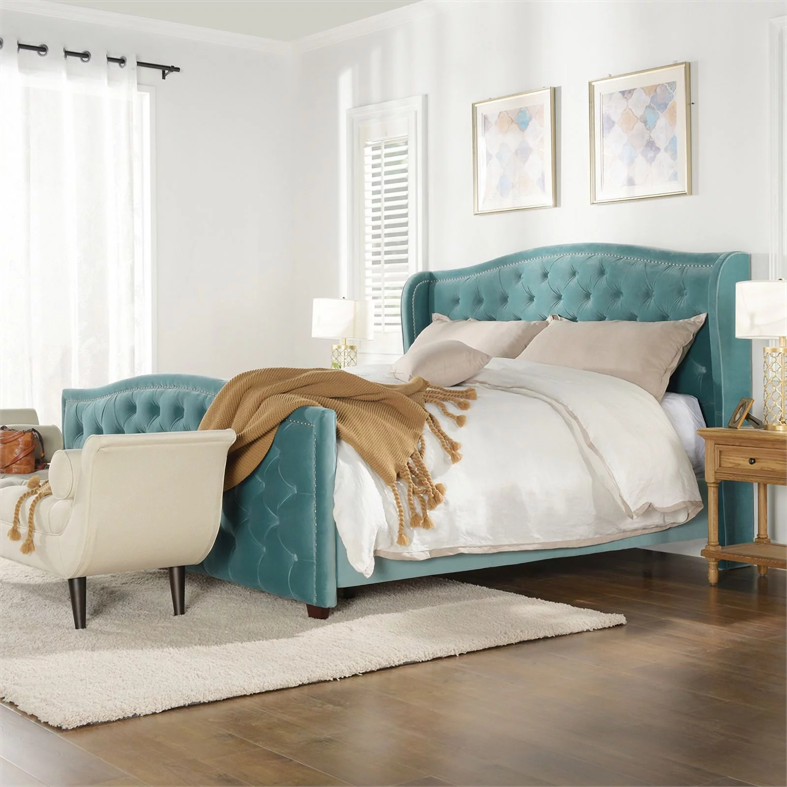 Maklaine Modern Hardwood Tufted Wingback King Bed in Arctic Blue