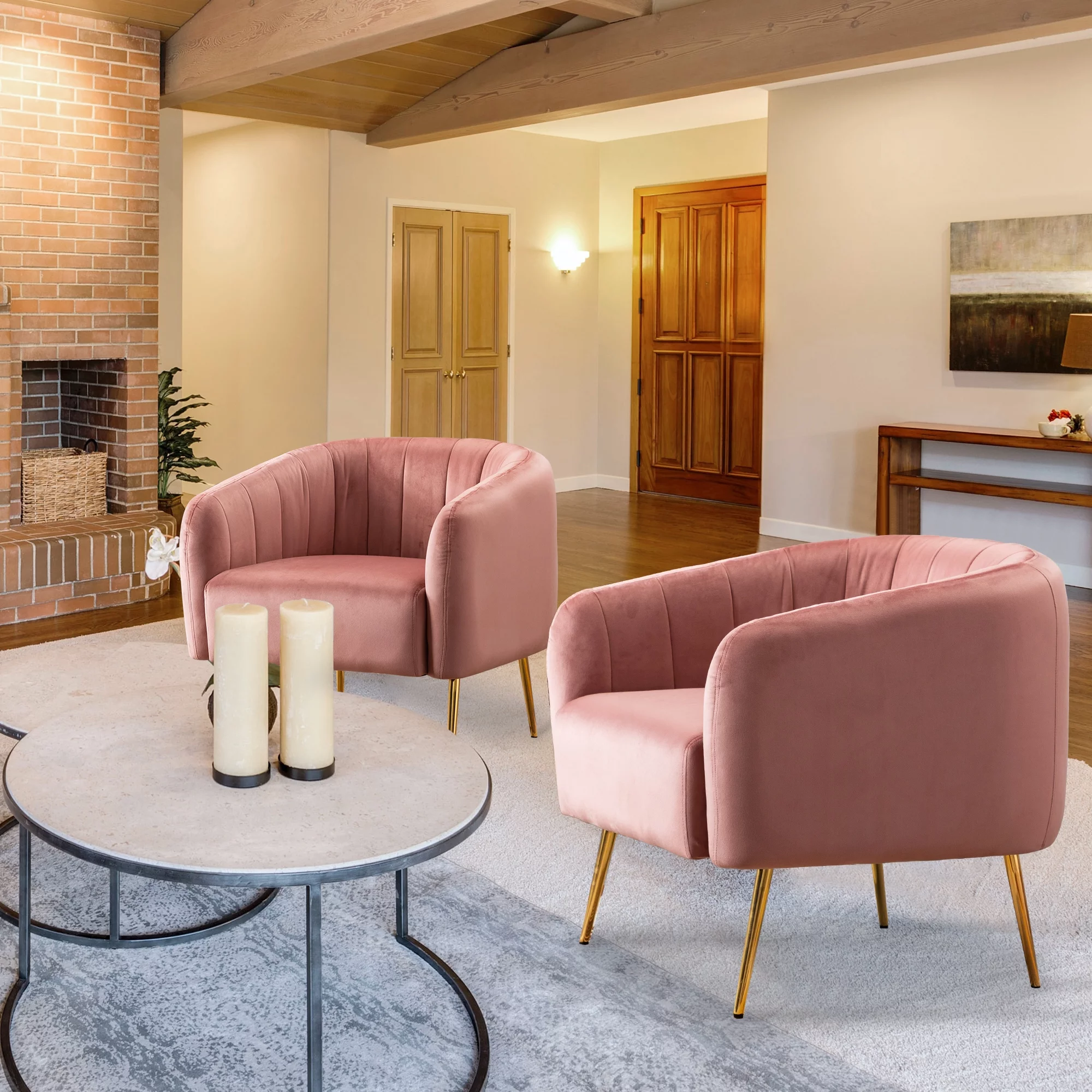Pink Velvet Upholstered Accent Arm Chair for Living Room, Bedroom Single Sofa Tufted Barrel Chair Golden Metal Legs, Set of 1