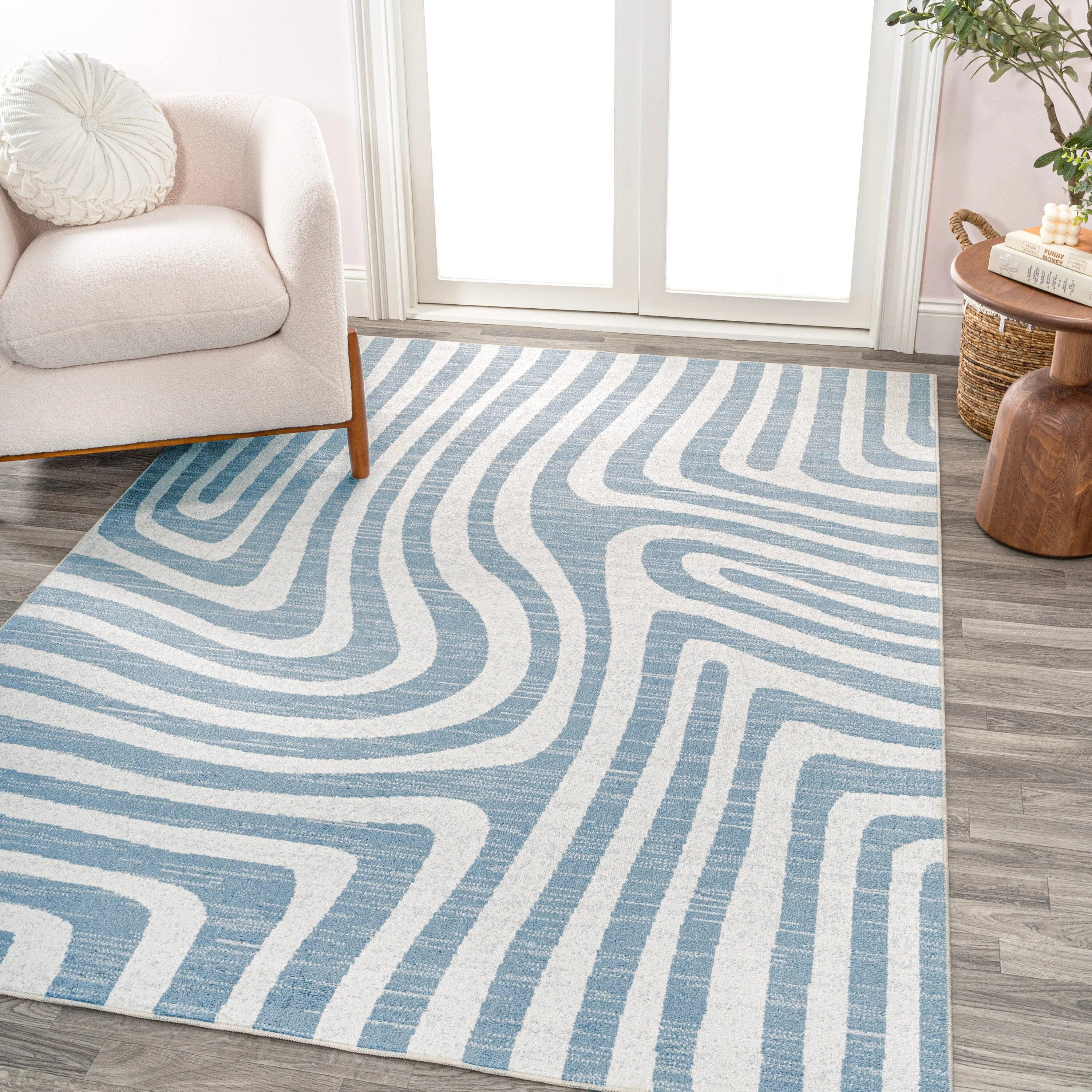 JONATHAN Y Kallax Abstract Two-Tone Low-Pile Machine-Washable Blue/Cream Area Rug 4 X 6