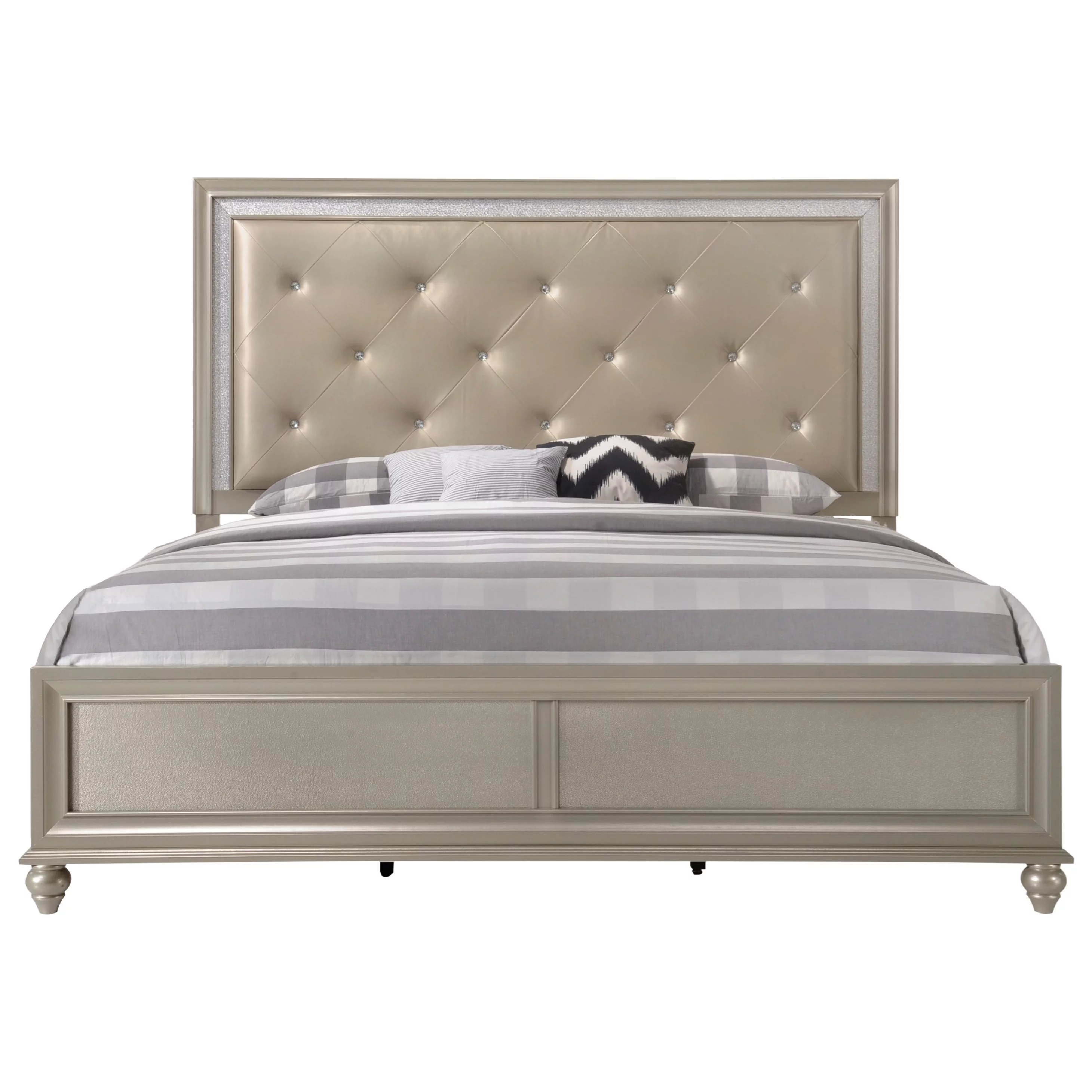 Modern Champagne Faux Finish 1pc King Size Bed Button Tufting Faux Gems Headboard Bedroom