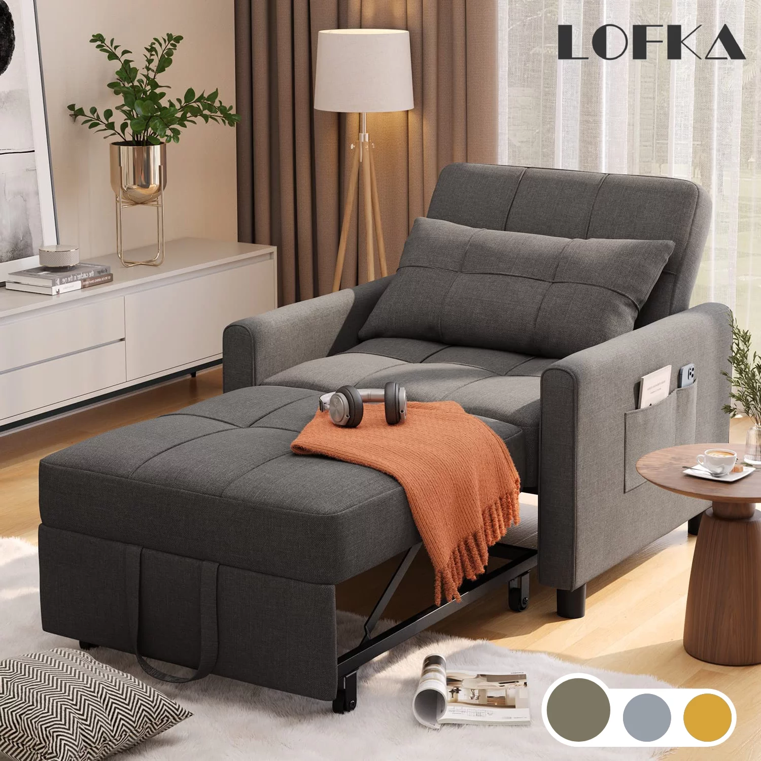 Convertible Chair Bed 3 in 1, Lofka Sleeper Sofa Bed with Adjustable Backrest for Office & Bedroom, Dark Gray