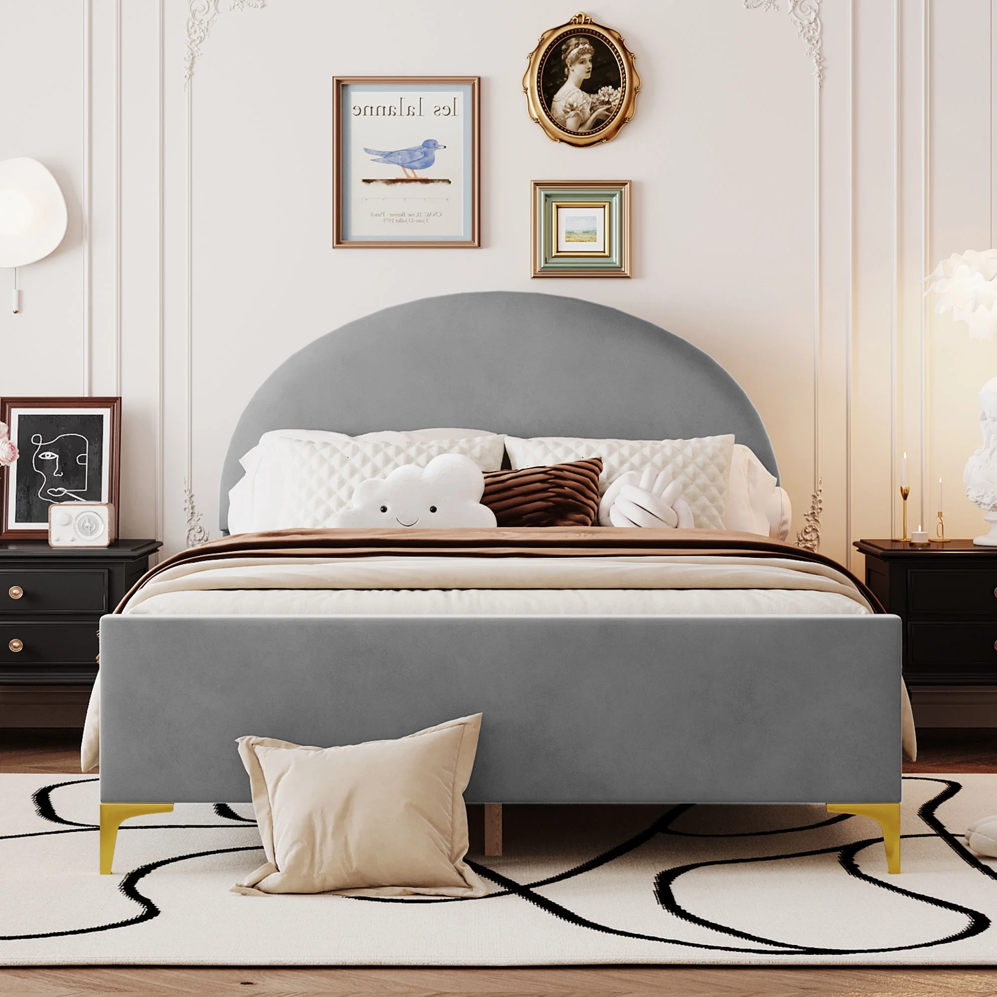 CoSoTower Full Size Upholstered Platform Bed with Classic Semi-Circle Shaped Headboard and Mental Legs, Velvet, Gray
