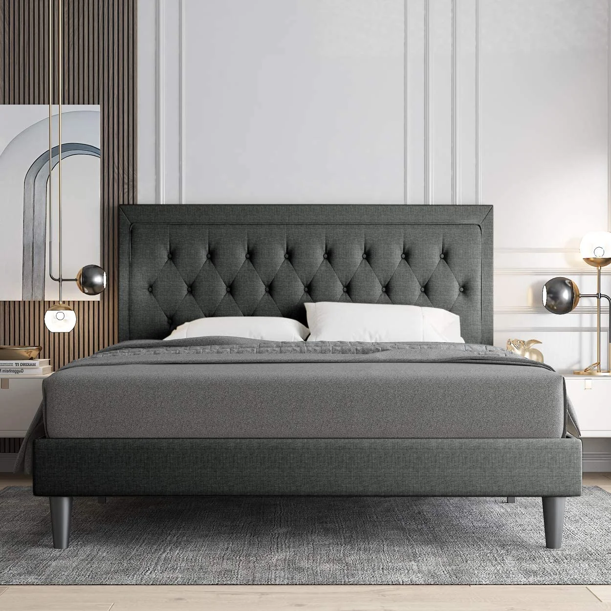 Allewie Queen Size Bed Frame Upholstered Platform Bed with Adjustable Headboard, Box Spring not Needed, Dark Grey