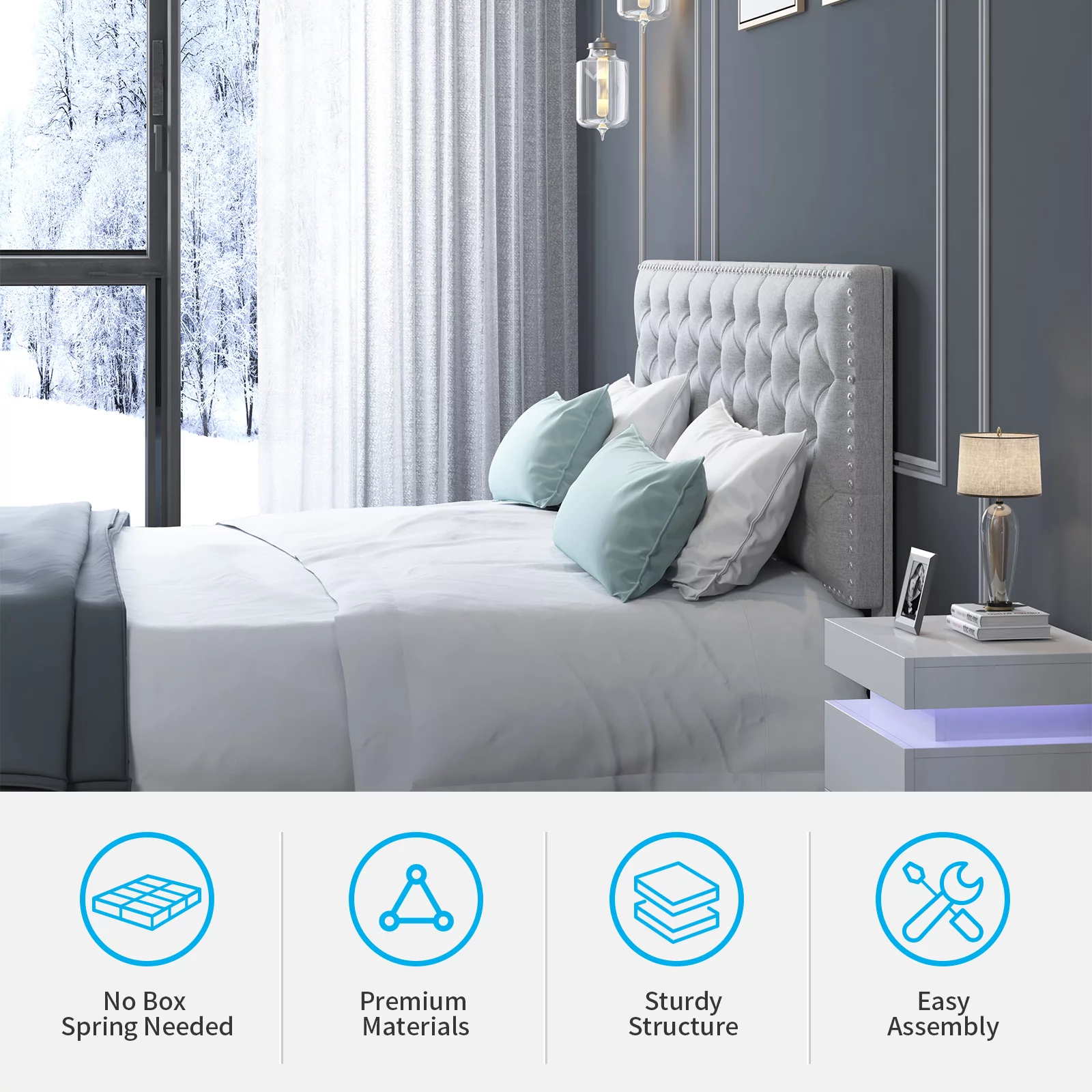 MUZZ King Size Platform Bed Frame with Luxury Headboard, Upholstered Bed Frame with Wood Slat Support, No Box Spring Needed/Easy Assembly/No Mattress | King, Light Grey