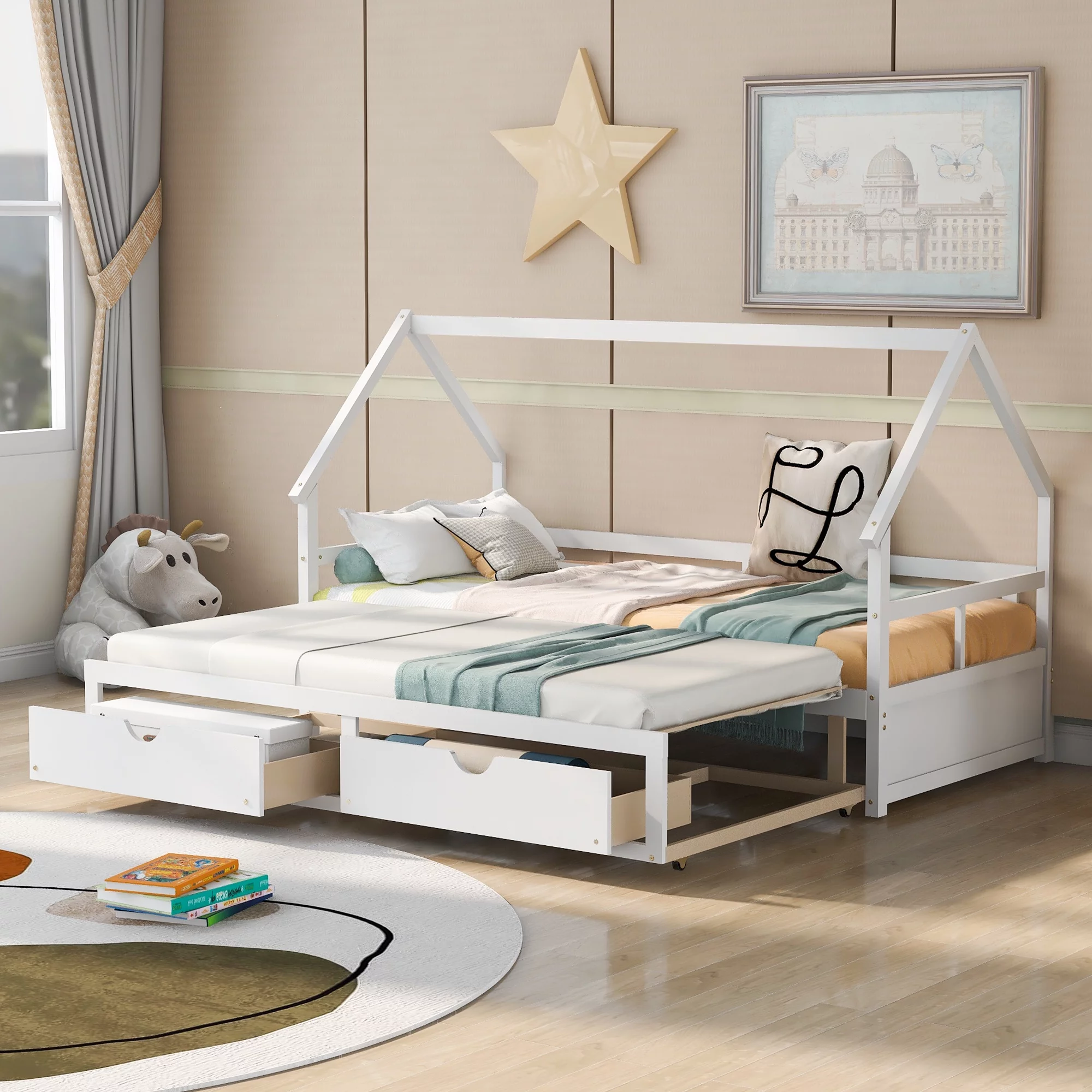 Sturdy Daybed Twin Bed with Trundle Frame Set with 2 Drawers, Solid Wooden Twin to king Sofa Bed with Built-In Smoothly Casters for Guest Bedroom (White)