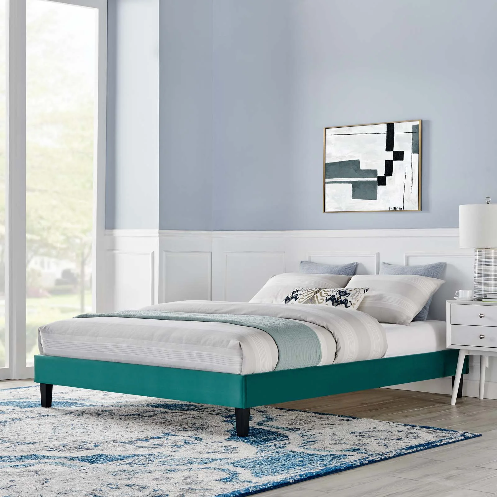 Platform Bed Frame, King Size, Velvet, Teal Blue, Modern Contemporary Urban Design, Bedroom Master Guest Suite